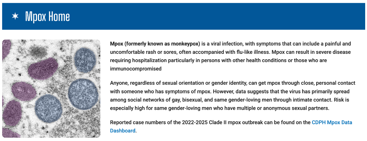 screenshot from the top of the chicago department of public health's mpox info dashboard