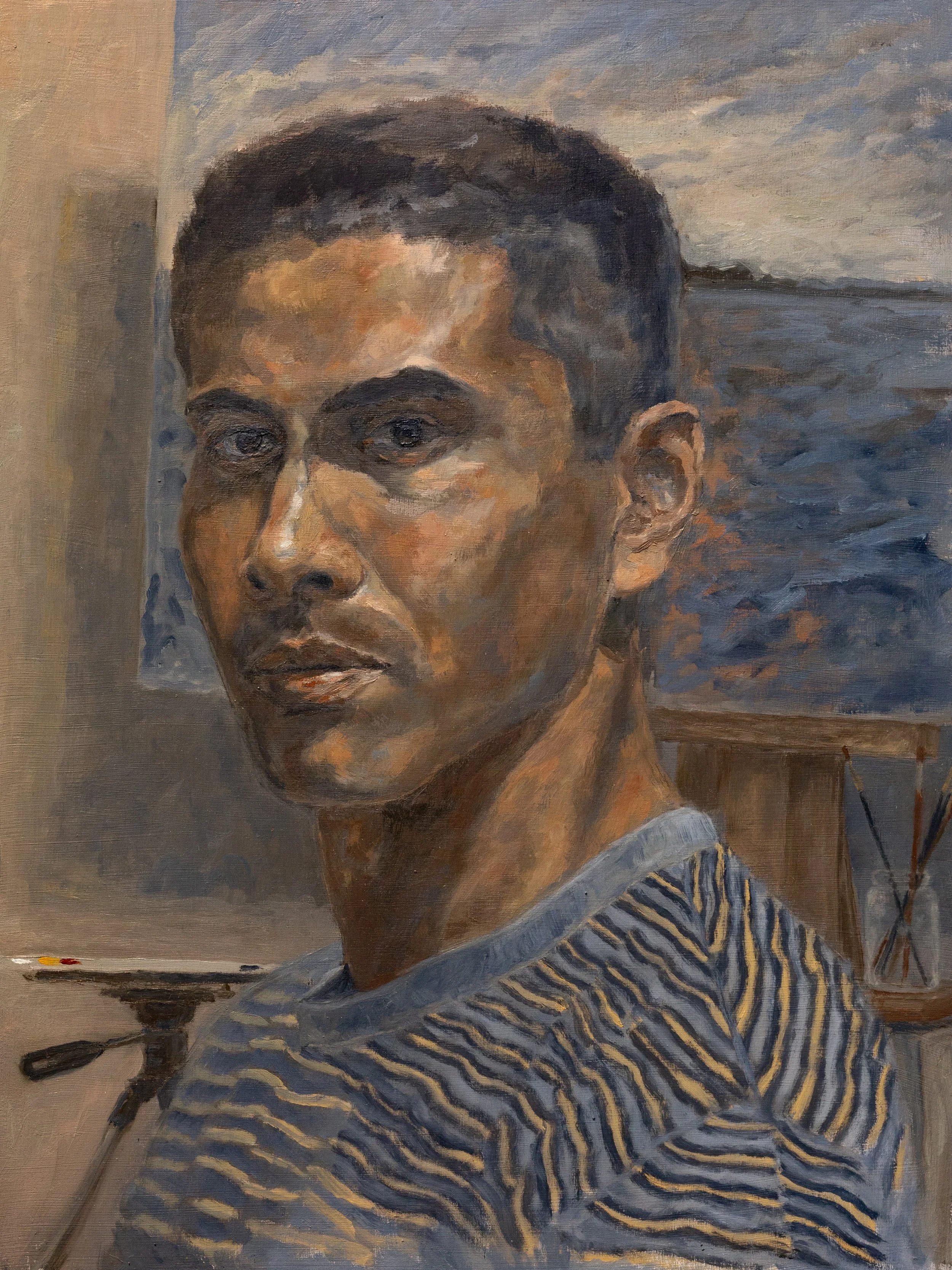 "Self Portrait - The Abyss" - 2023 - Charcoal and Oil Paint on Wood Panel - 16" x 12"