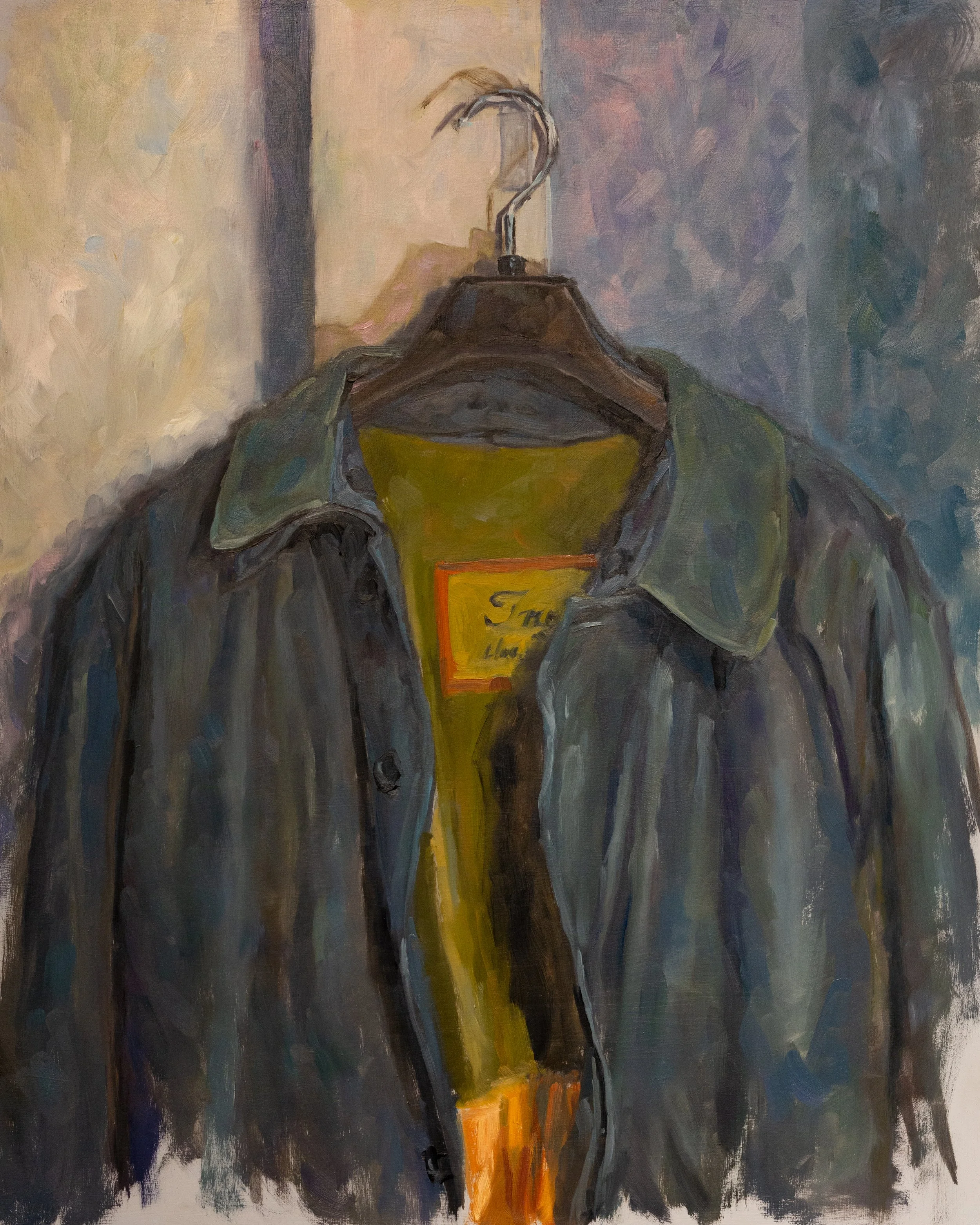 "Blue Trench Coat" - 2023 - Oil Paint on Wood Panel - 20" x 16"