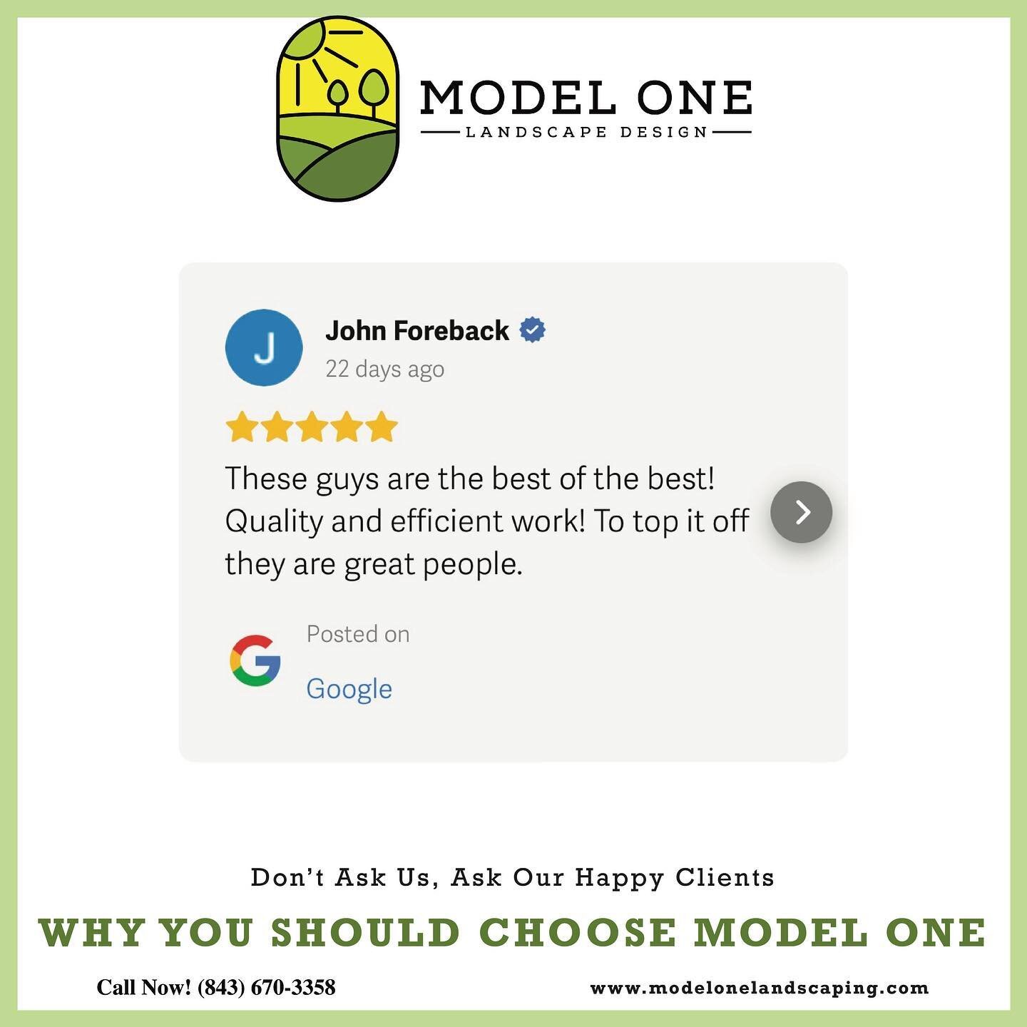 Don&rsquo;t ask us, ask our happy clients why we&rsquo;re Charleston&rsquo;s Choice landscaping experts! 

Call Model One Landscape Design today to schedule a free consultation!

📲 (843) 670-3358
www.modelonelandscaping.com
