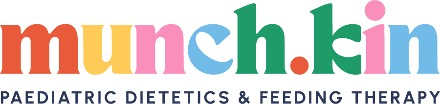 Colorful logo with the text 'munchkin' in rainbow colors, and underneath it says 'PAEDIATRIC DIETETICS & FEEDING THERAPY' in dark blue.
