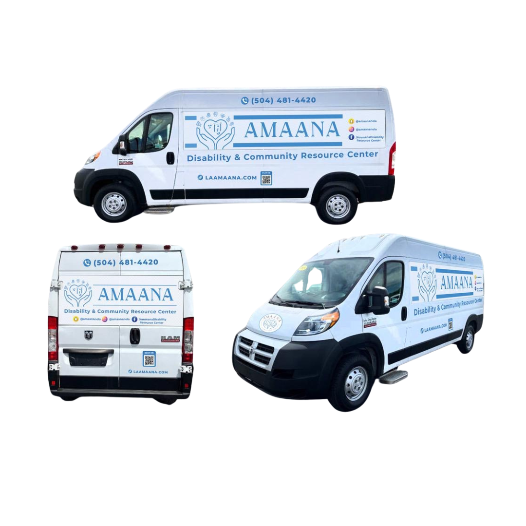 3 different angles of the AMAANA Accessibility Van from the front, side, and back