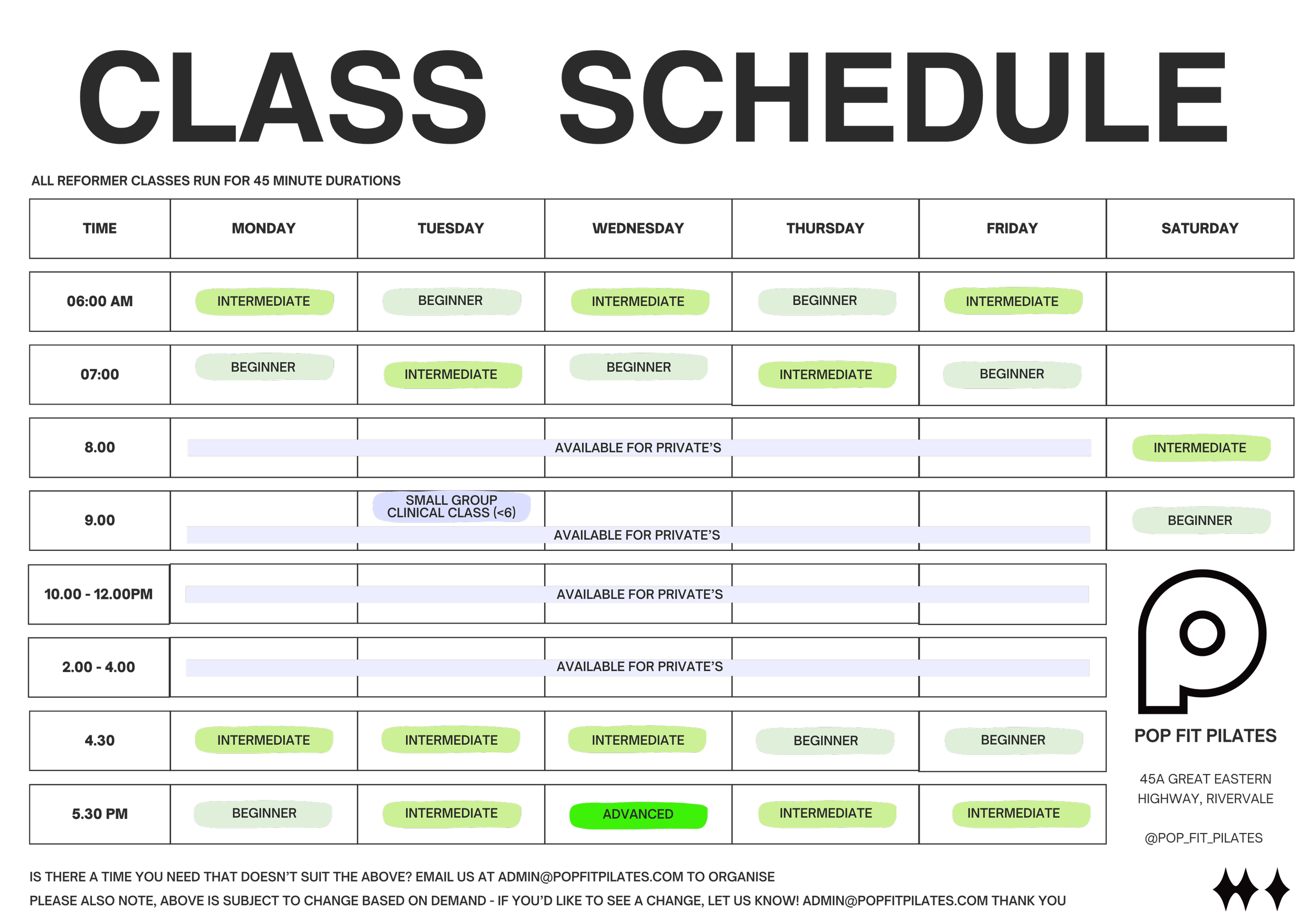 Timetable — POP FIT Pilates Studio