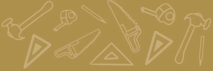Illustration of tools including saw, hammer, tape measure, pencil, and square on a beige background.