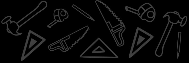 Illustration of carpentry tools including hammers, saws, and drafting triangles on a black background.