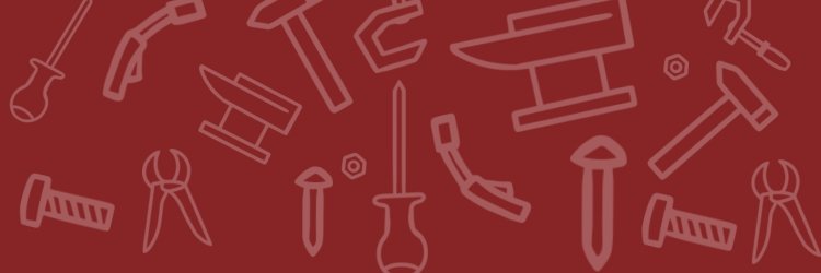 Illustrated pattern of hand tools including hammers, wrenches, pliers, nails, and screws on a dark red background.