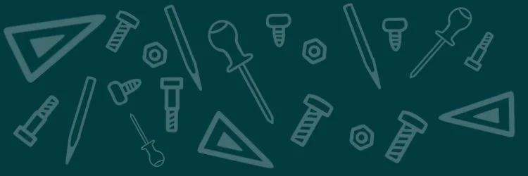 Illustration of various tools and hardware, including screwdrivers, screws, bolts, and triangles, in a dark green color scheme.