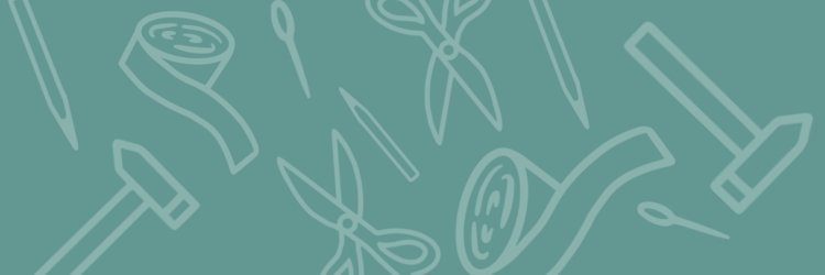 Illustration of crafting tools including scissors, tape measure, hammer, pins, and needles on a teal background.