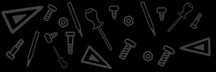 Illustration of various tools and hardware items including screws, screwdrivers, nuts, and triangular rulers on a black background.