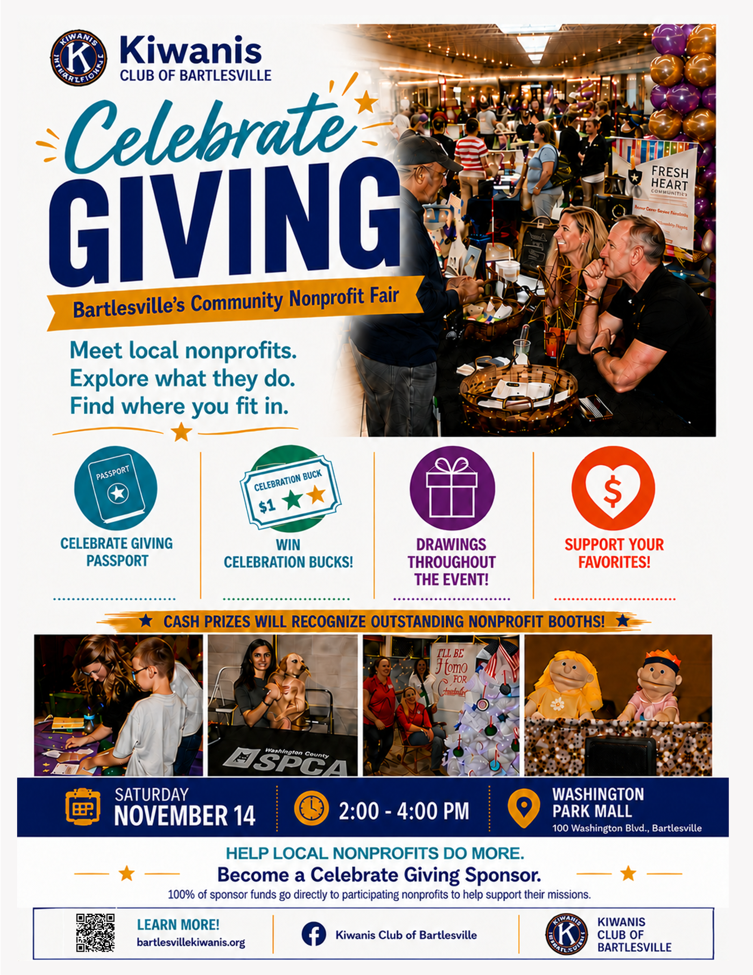 A promotional flyer for the Kiwanis Club of Bartlesville's Celebrate Giving Nonprofit Fair. The flyer features a large photograph of people at the event with balloons and booths. The event is scheduled for Saturday, November 14, from 2:00 to 4:00 PM at Washington Park Mall in Bartlesville, Oklahoma. The flyer encourages supporting local nonprofits and becoming a sponsor, with additional information about supporting nonprofits and a QR code for more details.