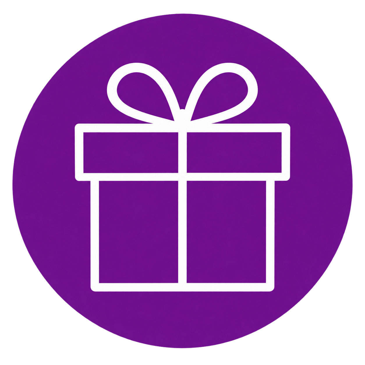 White outline of a gift box with a bow on top, set against a purple circular background.