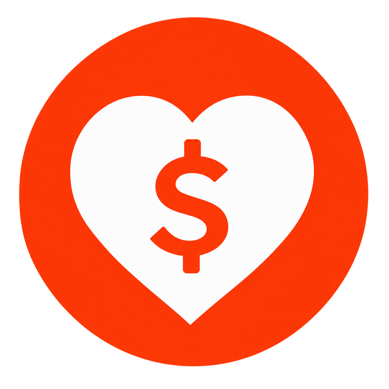 Red circular background with a white heart in the center and a dollar sign inside the heart.