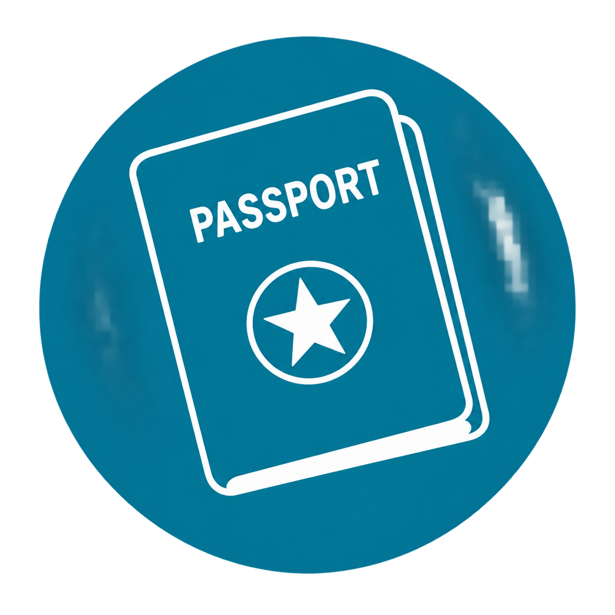 Blue circular icon with a white outline of a passport featuring a star in a circle on the cover.