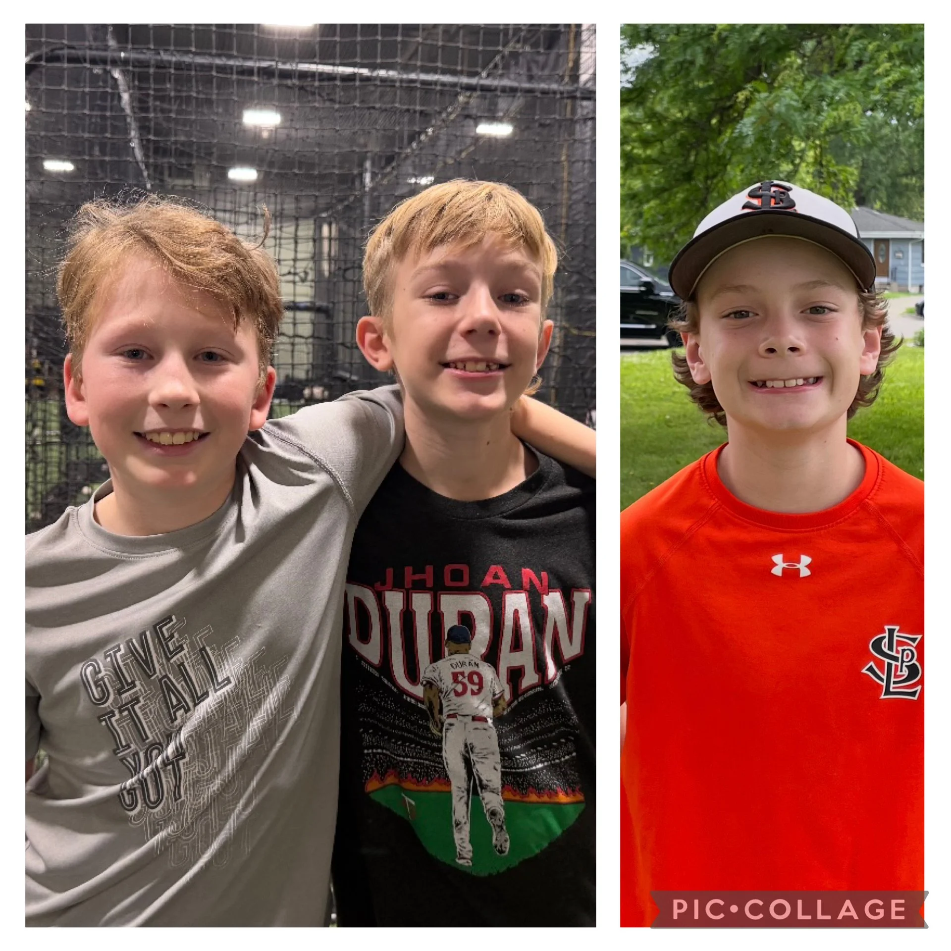 Three boys smiling, one with arm around another, standing indoors and outdoors. One boy is wearing a gray T-shirt, another is in a black T-shirt with 'JOHN DURAN' written on it, and the third boy is wearing an orange shirt and a baseball cap with a San Francisco Giants logo.