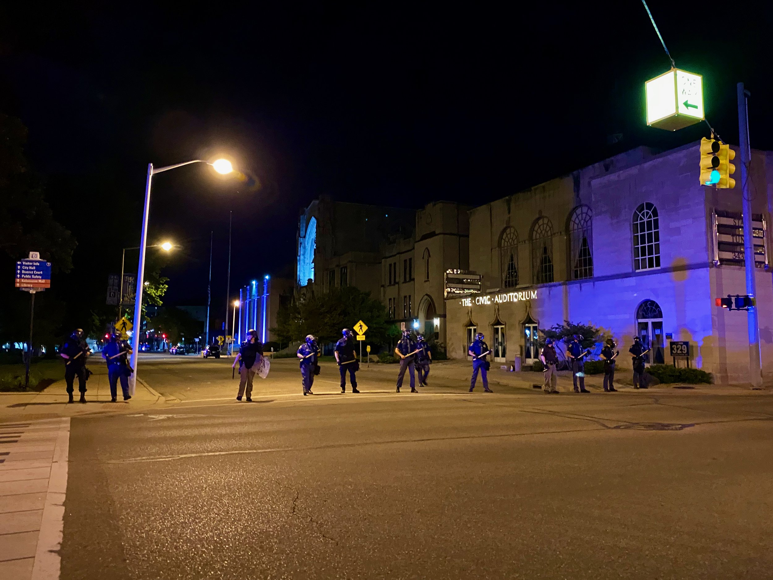Kalamazoo Department of Public Safety officers set up a perimeter downtown Kalamazoo after a large protest on June 1, 2020 (Photo taken at 1 a.m. on June 2).