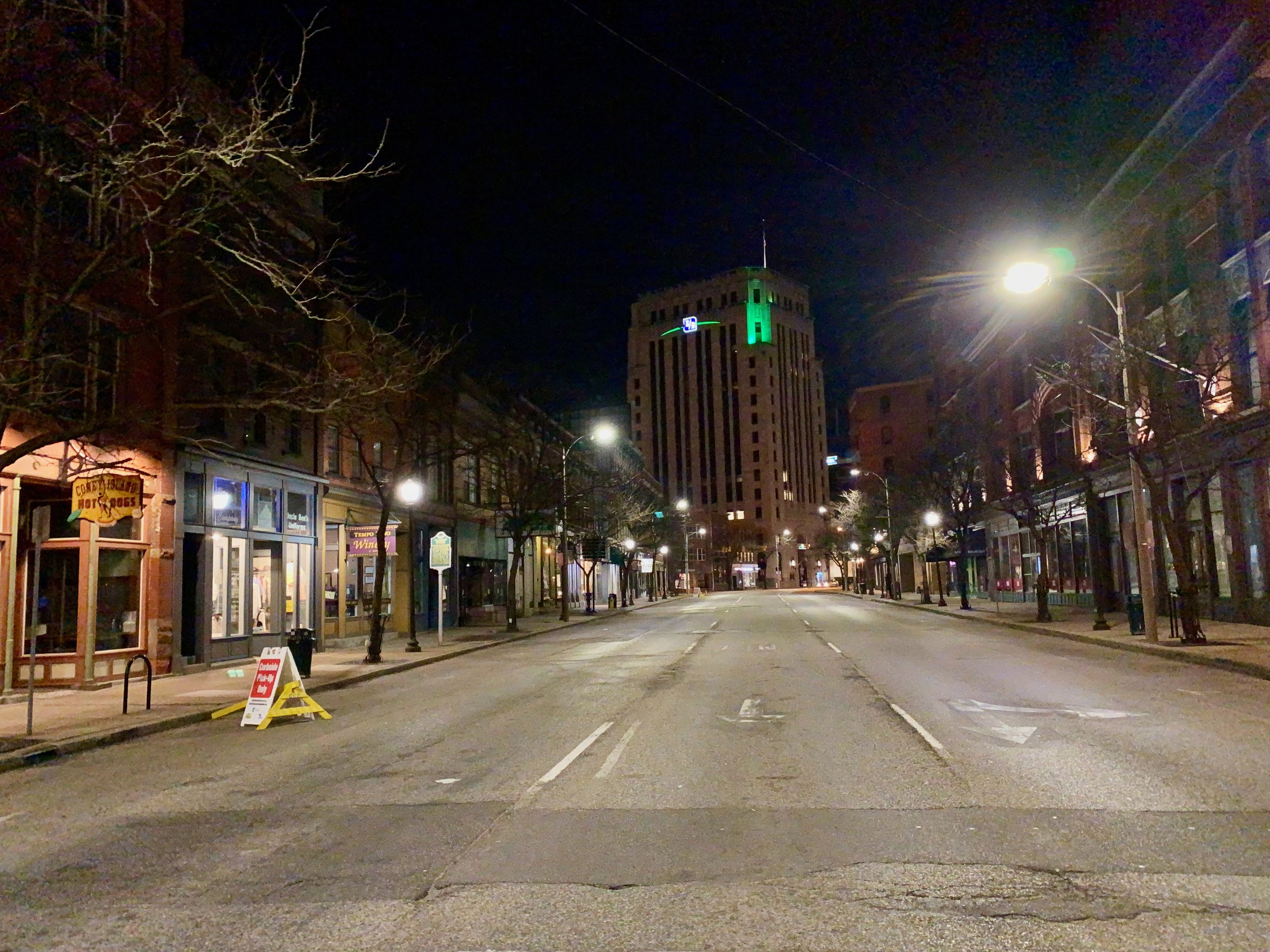 Another view of an empty downtown Kalamazoo, no cars or pedestrians to be seen.