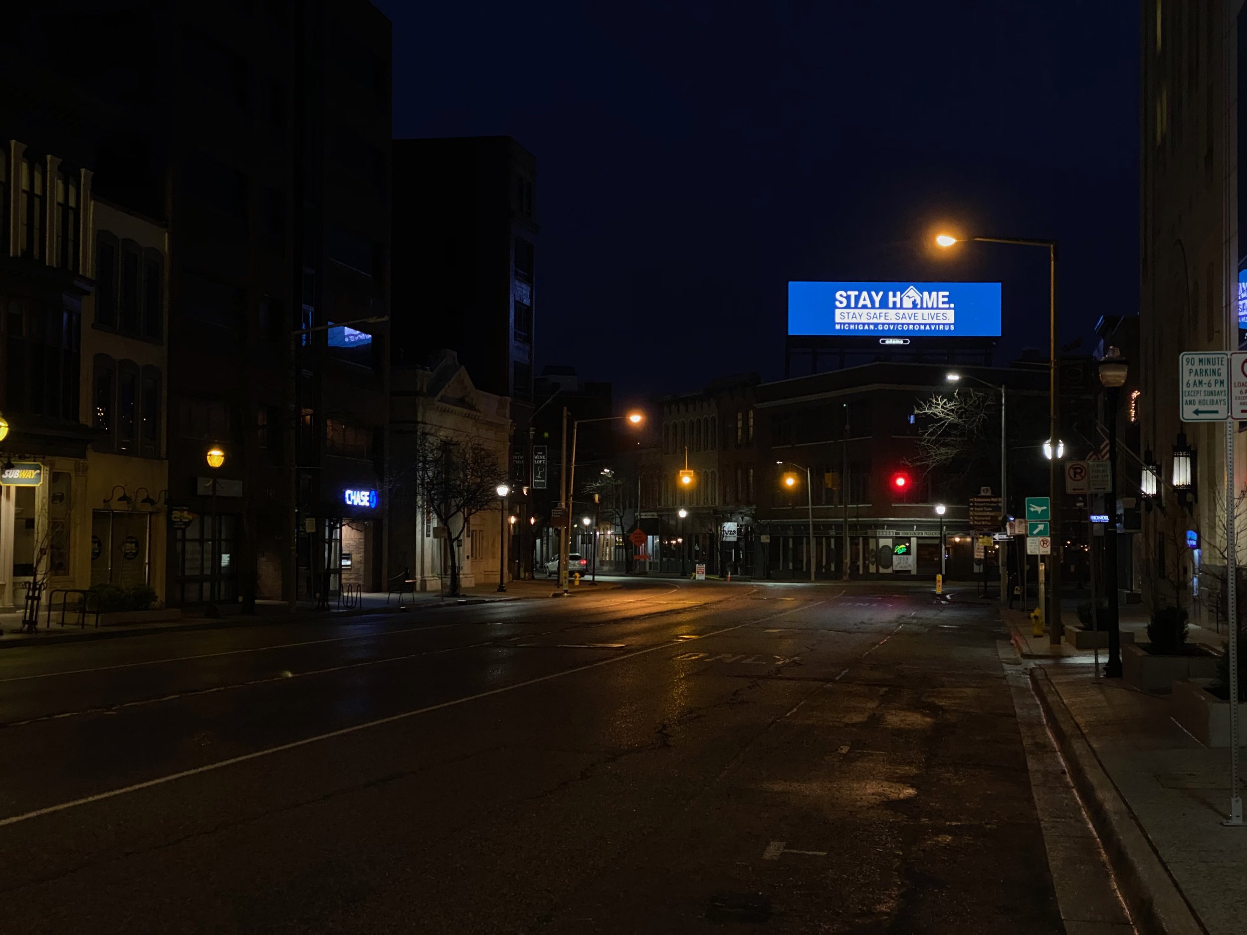 An empty downtown Kalamazoo at 8:26 p.m. on March 28, 2020, the first Saturday where bars and restaurants were closed to help combat the spread of COVID-19.