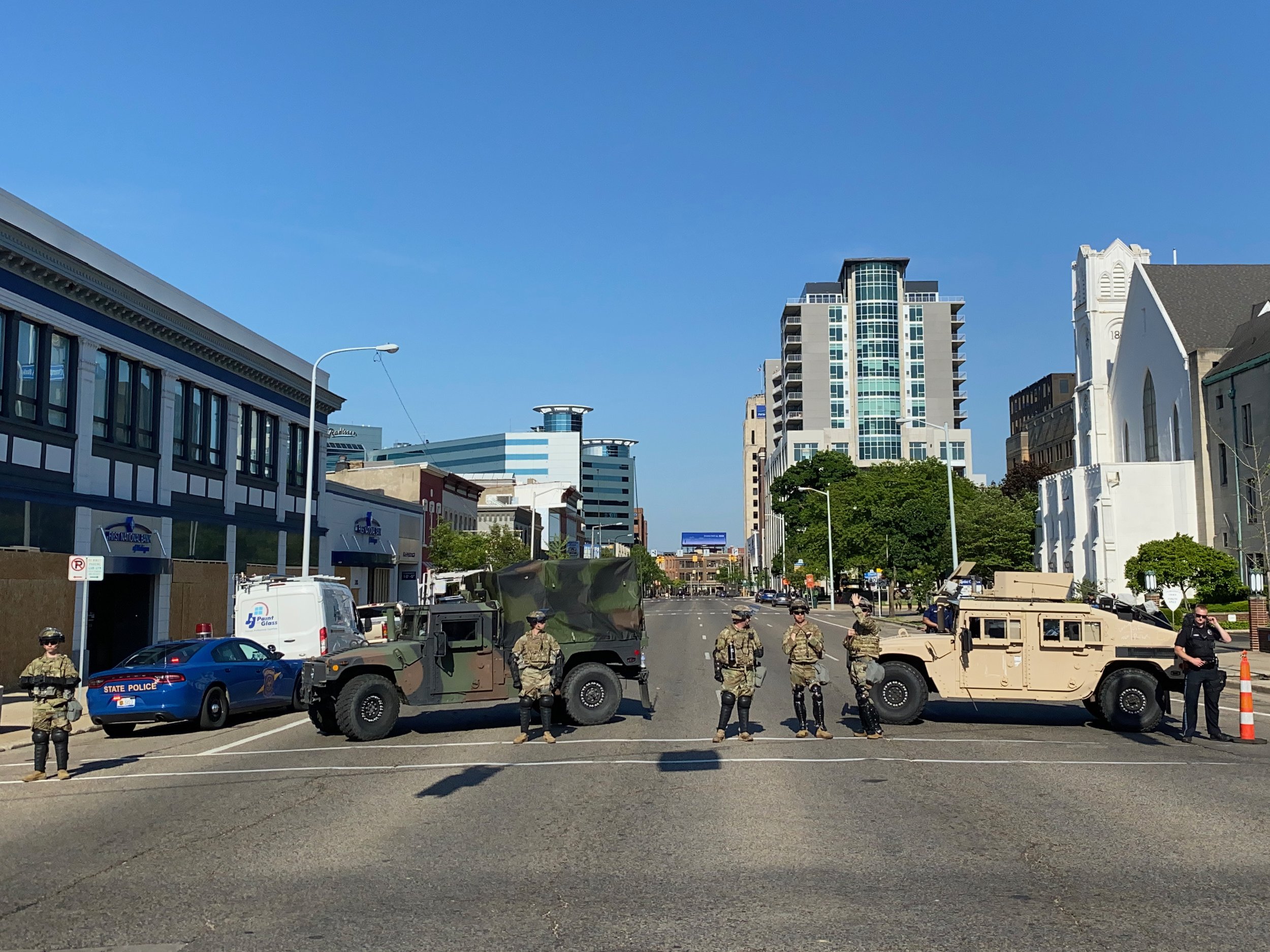 Memebers of the National Guard set up a parimiter downtown Kalamazoo on June 2 after some vandalism the night before. City leaders established a curfew that night.