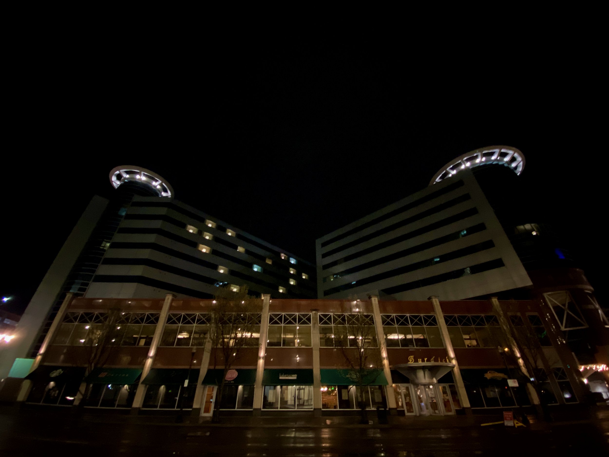 Empty rooms at the Raddison Hotel have lamps turned on to make the shape of a heart, April 22, 2020.
