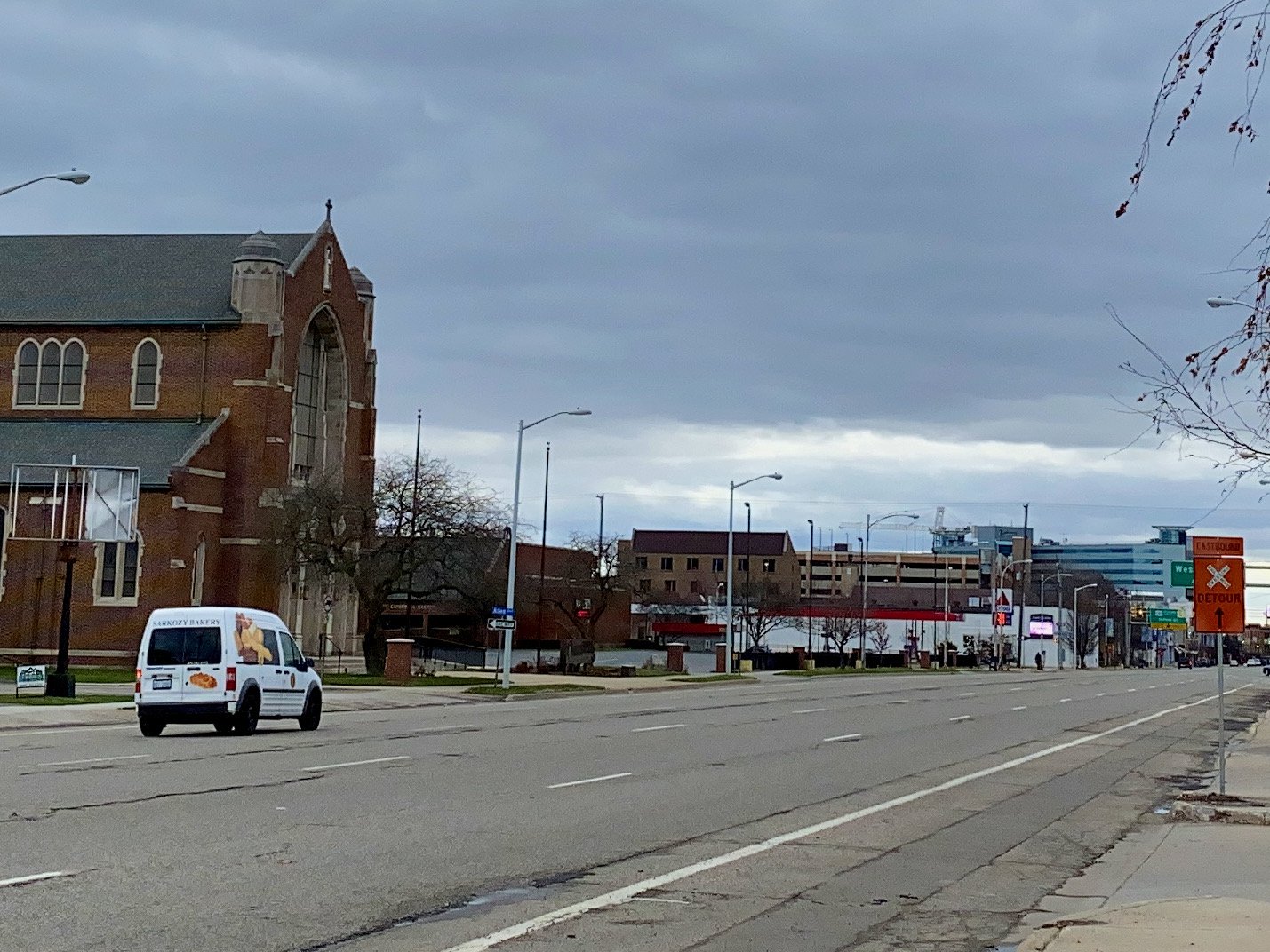 The streets and churches are empty on Sunday, March 29, 2020 at 10:25 a.m., save Judy Sarkozy driving her van delivering bread. Sarkozy Bakery stayed open throughout the pandemic.