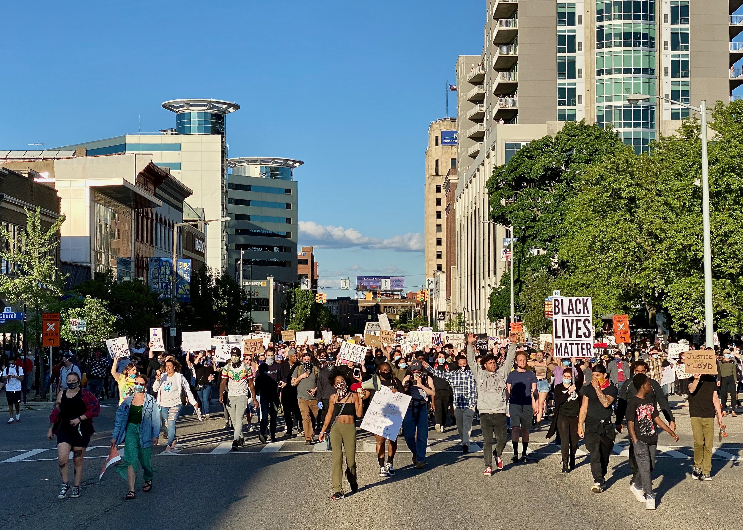 A march for racial justice, downtown Kalamazoo, on May 30, 2020, five days after George Floyd was killed by police in Minneapolis, setting off protests throughout the country.