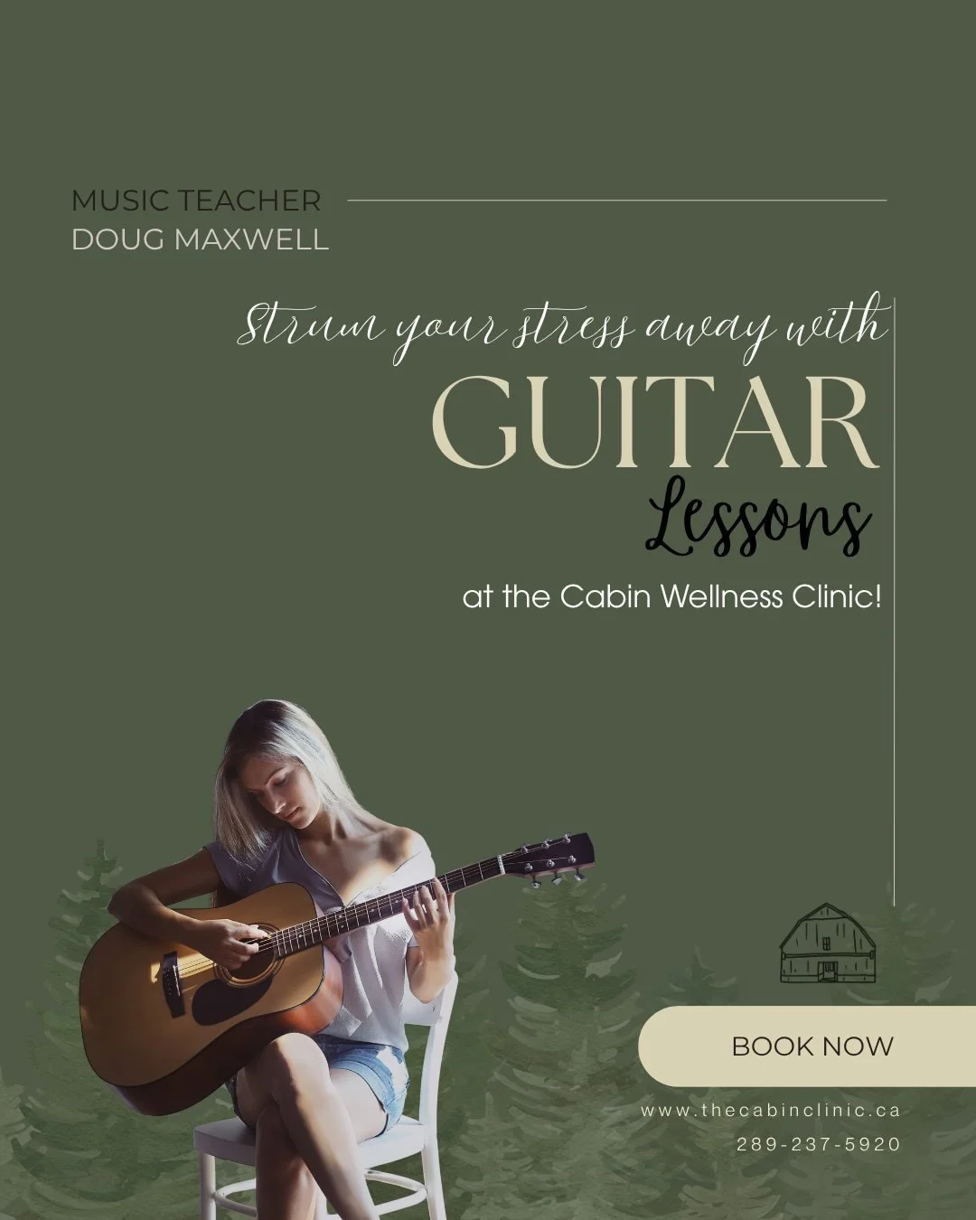 🎸 Find your rhythm and unwind!
Whether you&rsquo;re a total beginner or looking to fine-tune your skills, our music teacher Doug Maxwell will help you strum your stress away &mdash; one chord at a time. ✨

📍 At The Cabin Wellness Clinic
💻 Book you