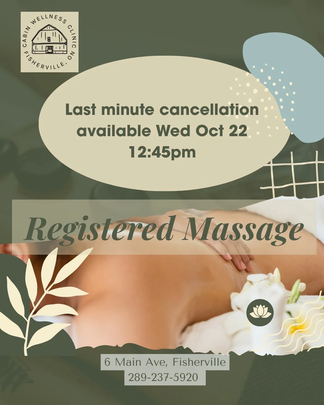 ✨ Last-minute massage opening! ✨
We&rsquo;ve had a cancellation for Wednesday, Oct 22 at 12:45pm &mdash; the perfect time to reset your body and mind midweek. 

Call or message to grab this spot before it&rsquo;s gone!

📍 The Cabin Wellness Clinic &
