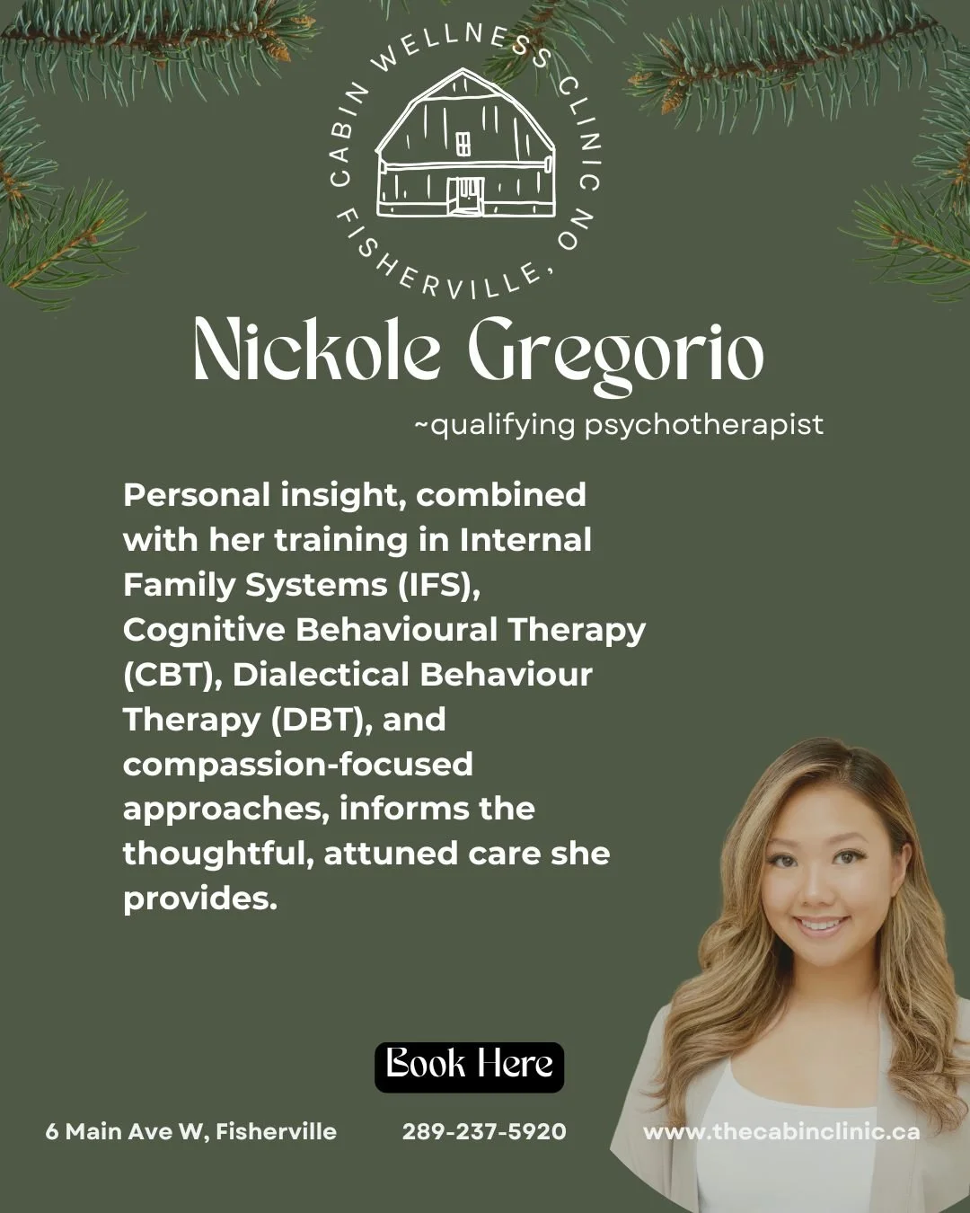 🌿 Meet Nickole &mdash; Qualifying Psychotherapist at The Cabin Wellness Clinic 🌿

Nickole blends personal insight with specialized training in:
✨ Internal Family Systems (IFS)
✨ Cognitive Behavioural Therapy (CBT)
✨ Dialectical Behaviour Therapy (D