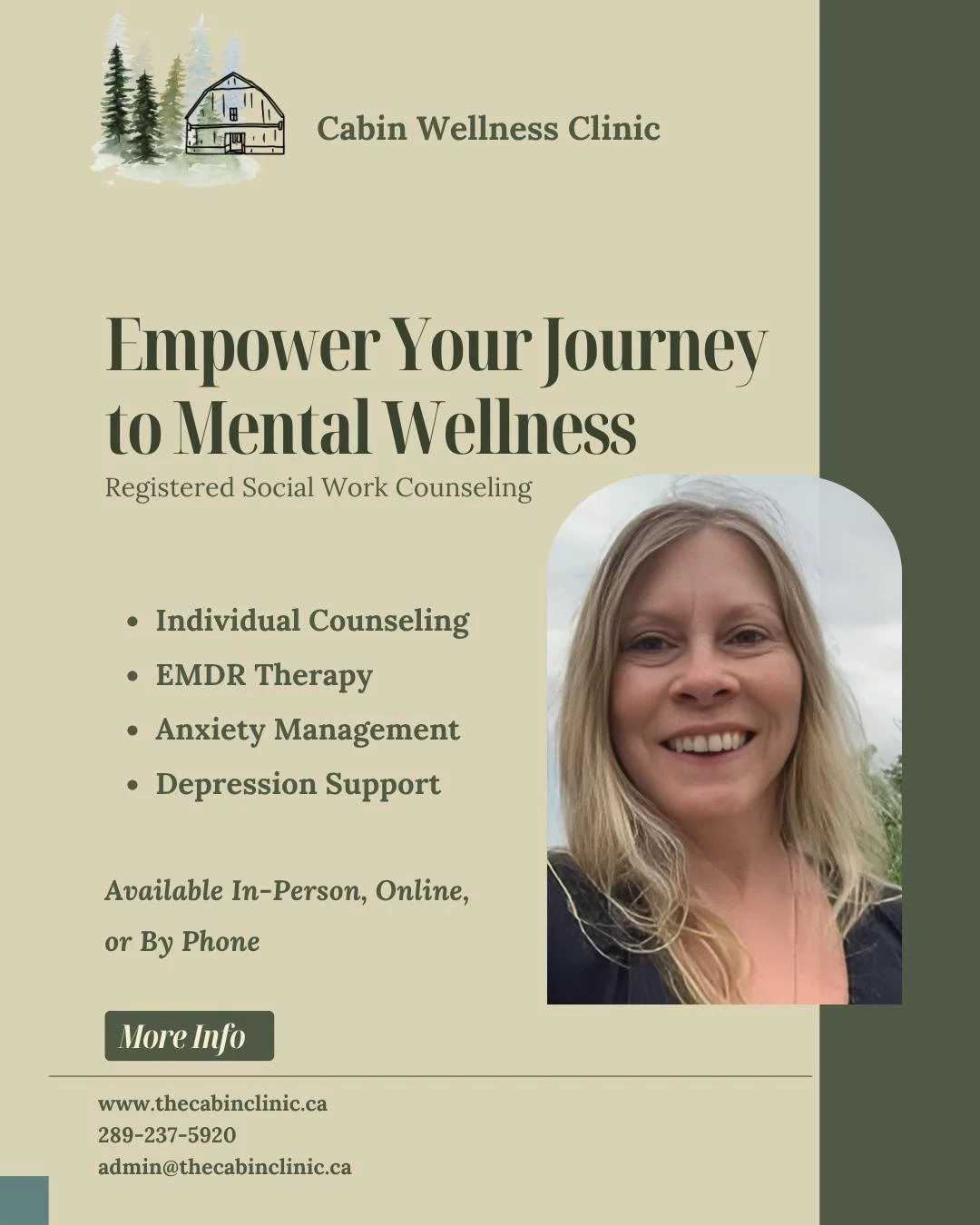 🌿 Your mental wellness matters🌿
At Cabin Wellness Clinic, we offer compassionate, client-centred support to help you navigate life&rsquo;s challenges, heal from past experiences, and feel more grounded and empowered in your day-to-day life.

Whethe