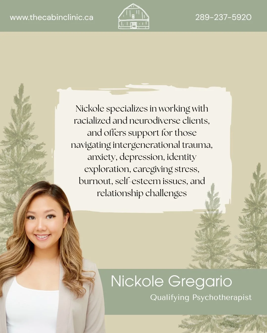 Meet Nickole Gregario, Qualifying Psychotherapist at The Cabin Wellness Clinic 

🤍Nickole offers compassionate support for racialized and neurodiverse clients, and helps individuals navigate intergenerational trauma, anxiety, depression, identity ex