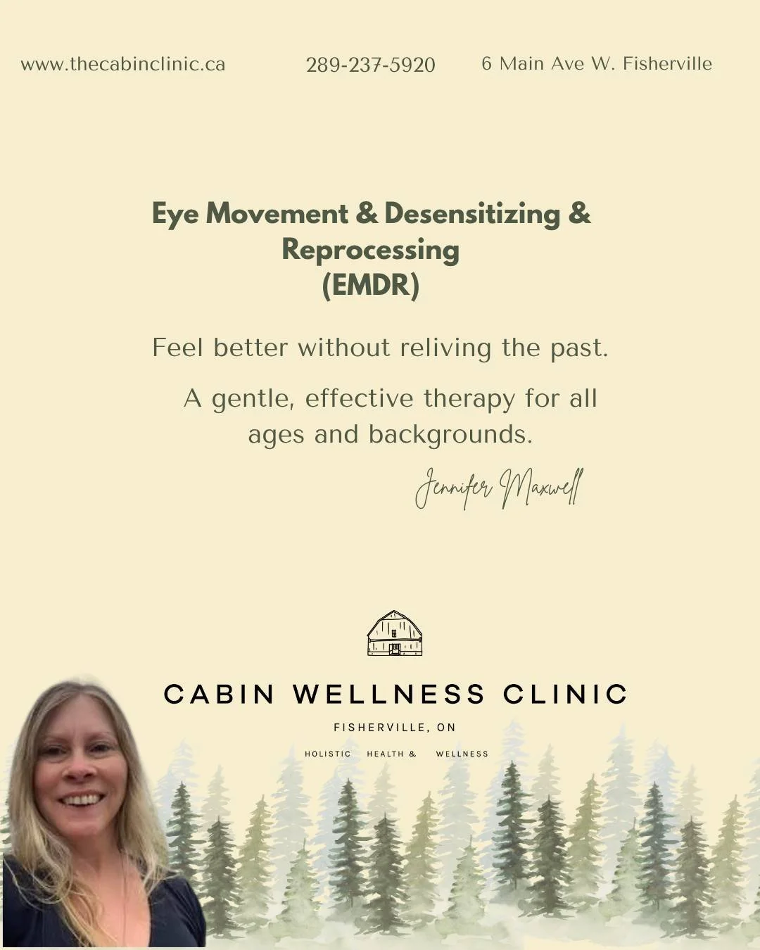 ✨ EMDR Therapy at The Cabin Wellness Clinic
Feel better without reliving the past. EMDR is a gentle, effective therapy for all ages and backgrounds&mdash;helping you process what&rsquo;s weighing you down in a safe, supportive way.

📞 289-237-5920
?