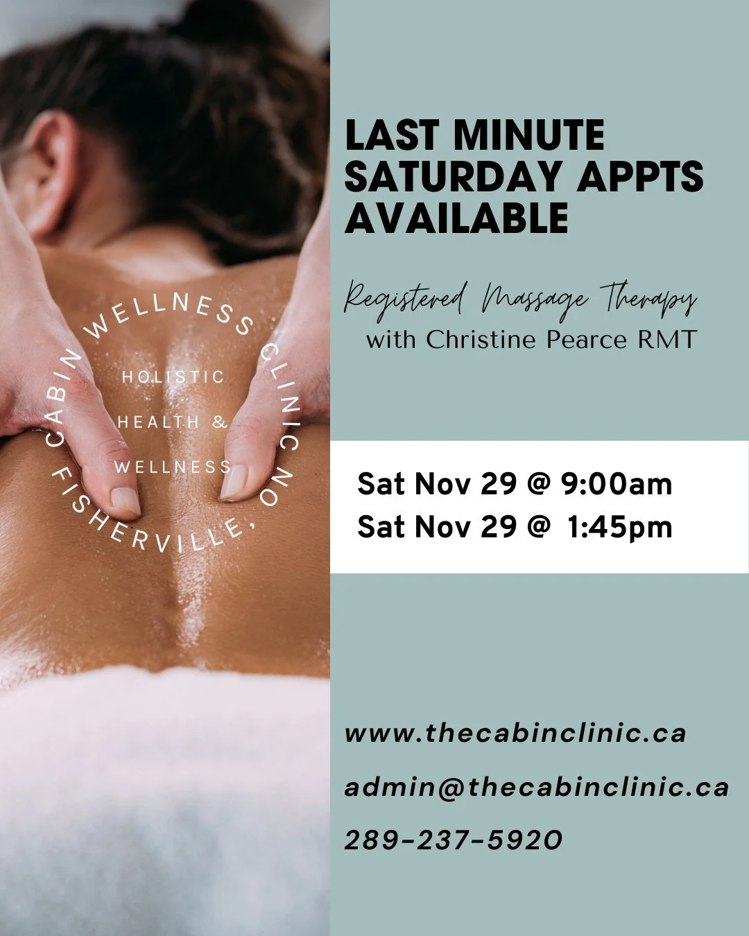 ✨ A rare Saturday treat! ✨
Last-minute massage openings just popped up with Christine Pearce, RMT &mdash; and these weekend spots never last long! If your body&rsquo;s been asking for a reset, this is your sign. 

📅 Saturday, Nov 29
⏰ 9:00am
⏰ 1:45p