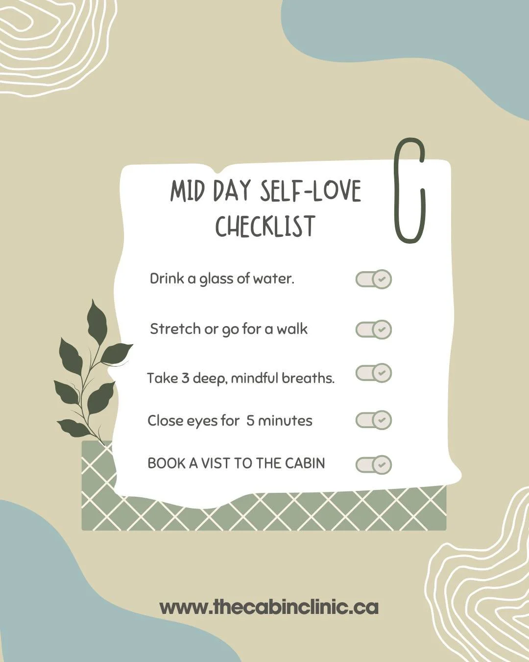 ✨ Mid-day reset reminder ✨
A little self-love goes a long way &mdash; hydrate, breathe, stretch, and take a moment just for YOU. And when you&rsquo;re ready for the ultimate recharge&hellip; come visit us at The Cabin. 💚🌿

You deserve to feel your 