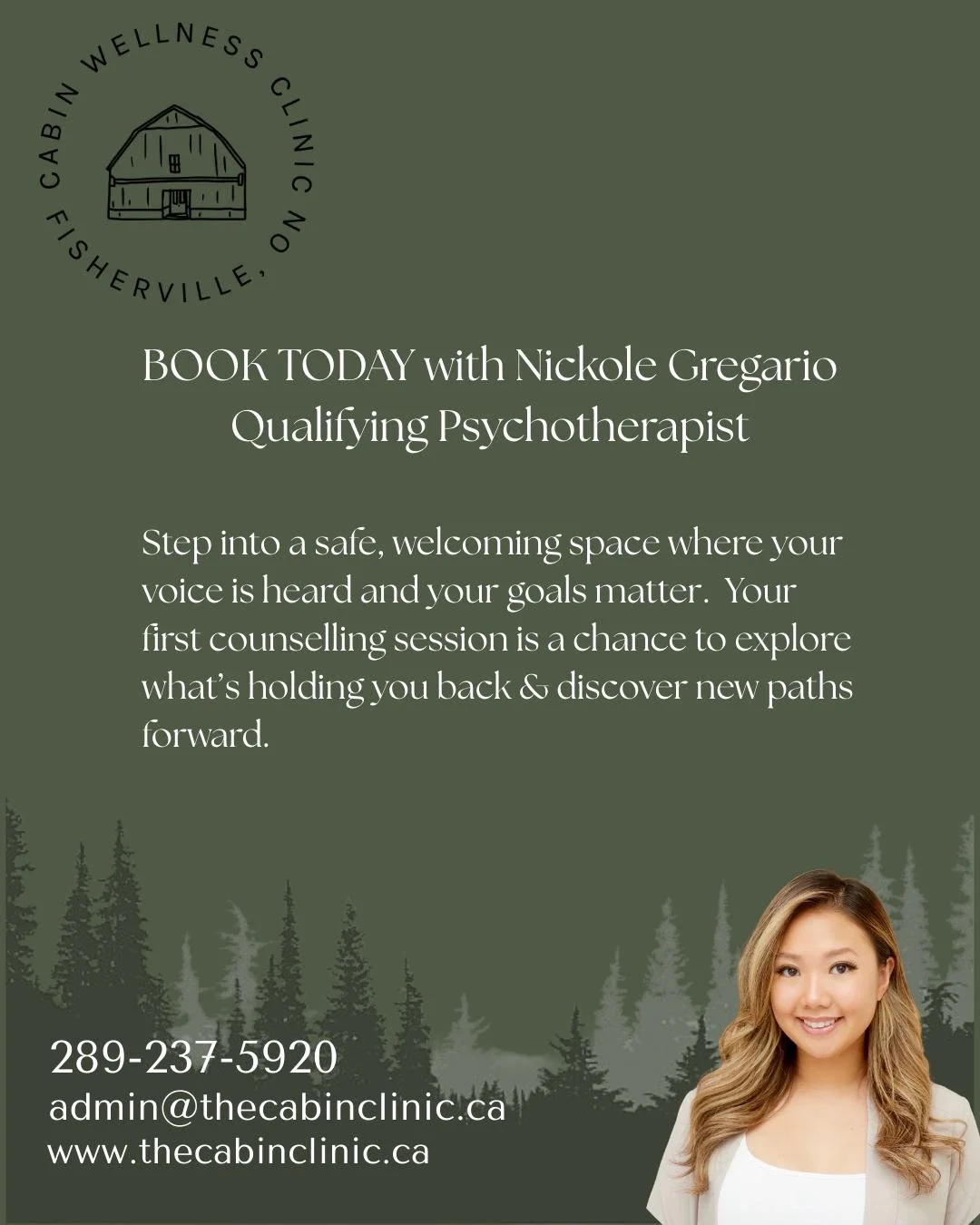 ✨ Now Welcoming New Clients ✨
Supportive &amp; empowering care starts with your first step. 💚

🌿 BOOK TODAY with Nickole Gregario, Qualifying Psychotherapist at The Cabin Wellness Clinic.
Your first counselling session is a safe opportunity to talk