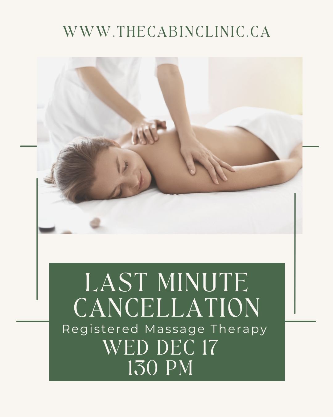 ✨ Rare Last-Minute Opening ✨
A rare Registered Massage Therapy appointment has just become available during this busy time of year with Christine Pearce, RMT

📅 Wednesday, December 17
🕜 1:30 PM

Perfect for easing tension, managing stress, and givi