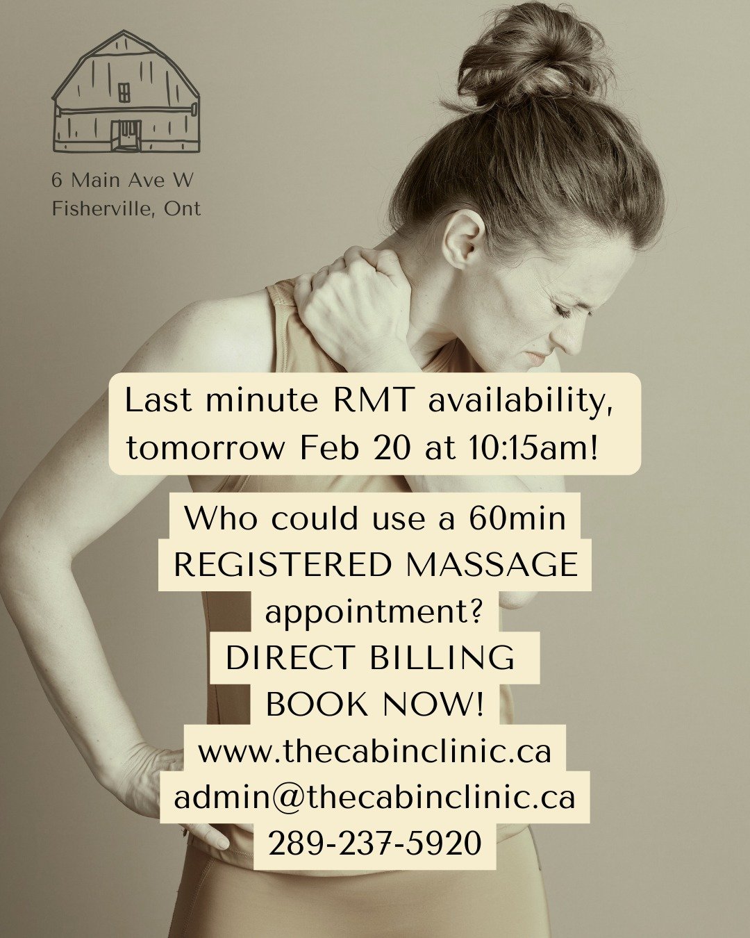 📞 Your body called.
It said &ldquo;we&rsquo;re not doing this anymore.&rdquo;
Last-minute 60-min RMT with Christine-  tomorrow at 10:15am.
Direct billing &bull; Book now before your neck files a complaint.

#YourBodyCalled #MassageTherapy #RMT #Neck