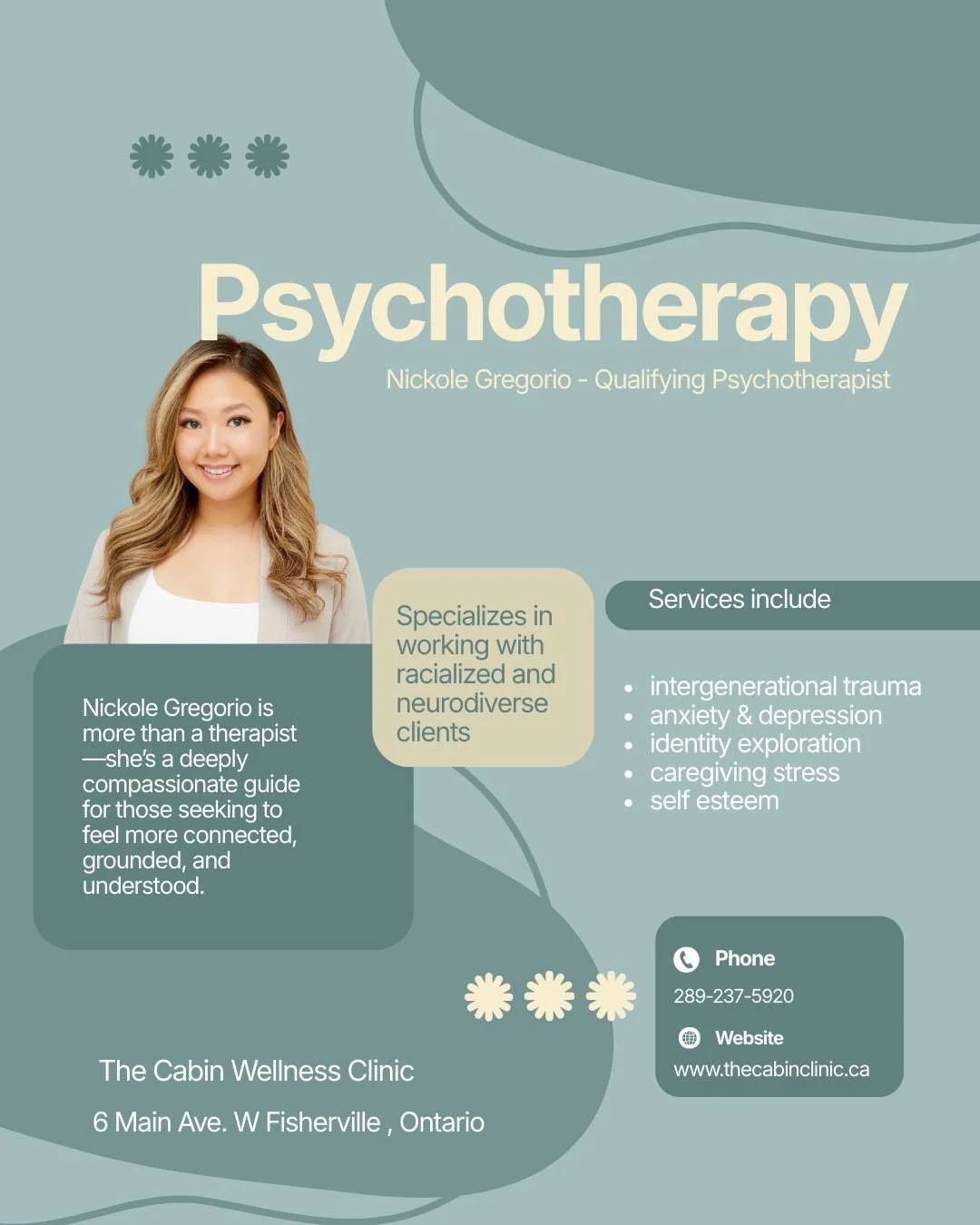 ✨ Psychotherapy at The Cabin Wellness Clinic ✨

We&rsquo;re honored to offer psychotherapy services with Nickole Gregorio, a compassionate and grounded therapist supporting individuals seeking deeper connection, understanding, and balance.

Nickole s