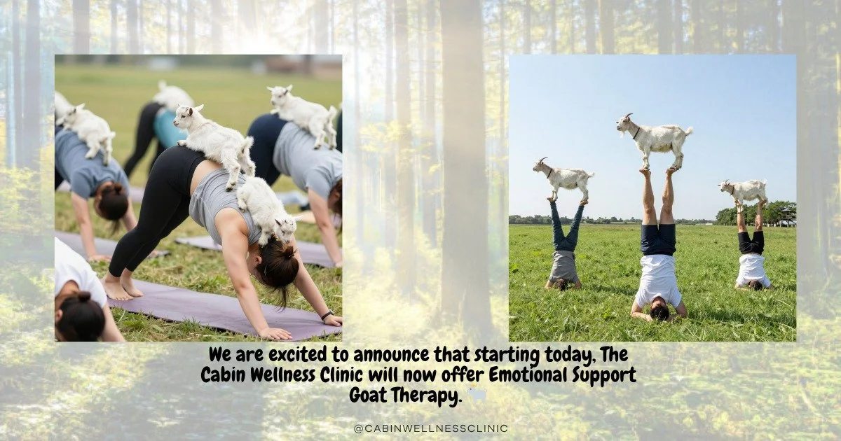 🚨 NEW SERVICE ALERT 🚨
We are excited to announce that starting today, The Cabin Wellness Clinic will now offer Emotional Support Goat Therapy. 🐐

Studies show goats are excellent listeners, reduce stress, and may nibble your sleeves for emotional 