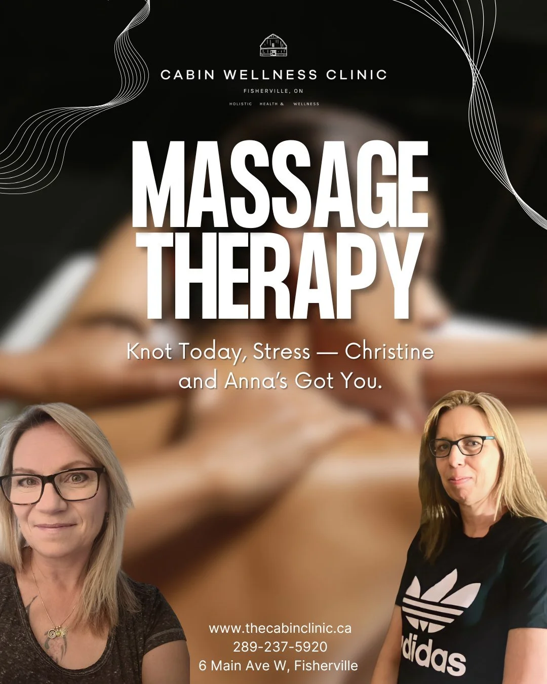 At Cabin Wellness Clinic, your wellness is in expert hands with our incredible Registered Massage Therapists, Christine and Anna 

Whether you're dealing with everyday tension, chronic pain, or just need time to unwind, massage therapy is more than a