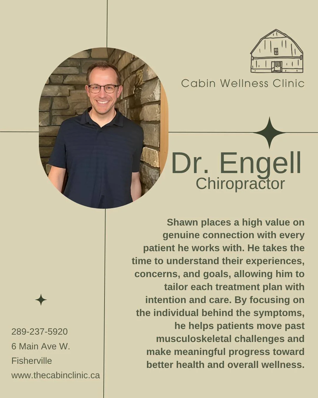 Meet Shawn Engell, our compassionate Chiropractor at Cabin Wellness Clinic 

Shawn takes a patient-centered approach to care, focusing on building genuine connections and truly understanding each individual&rsquo;s experience. By listening closely to