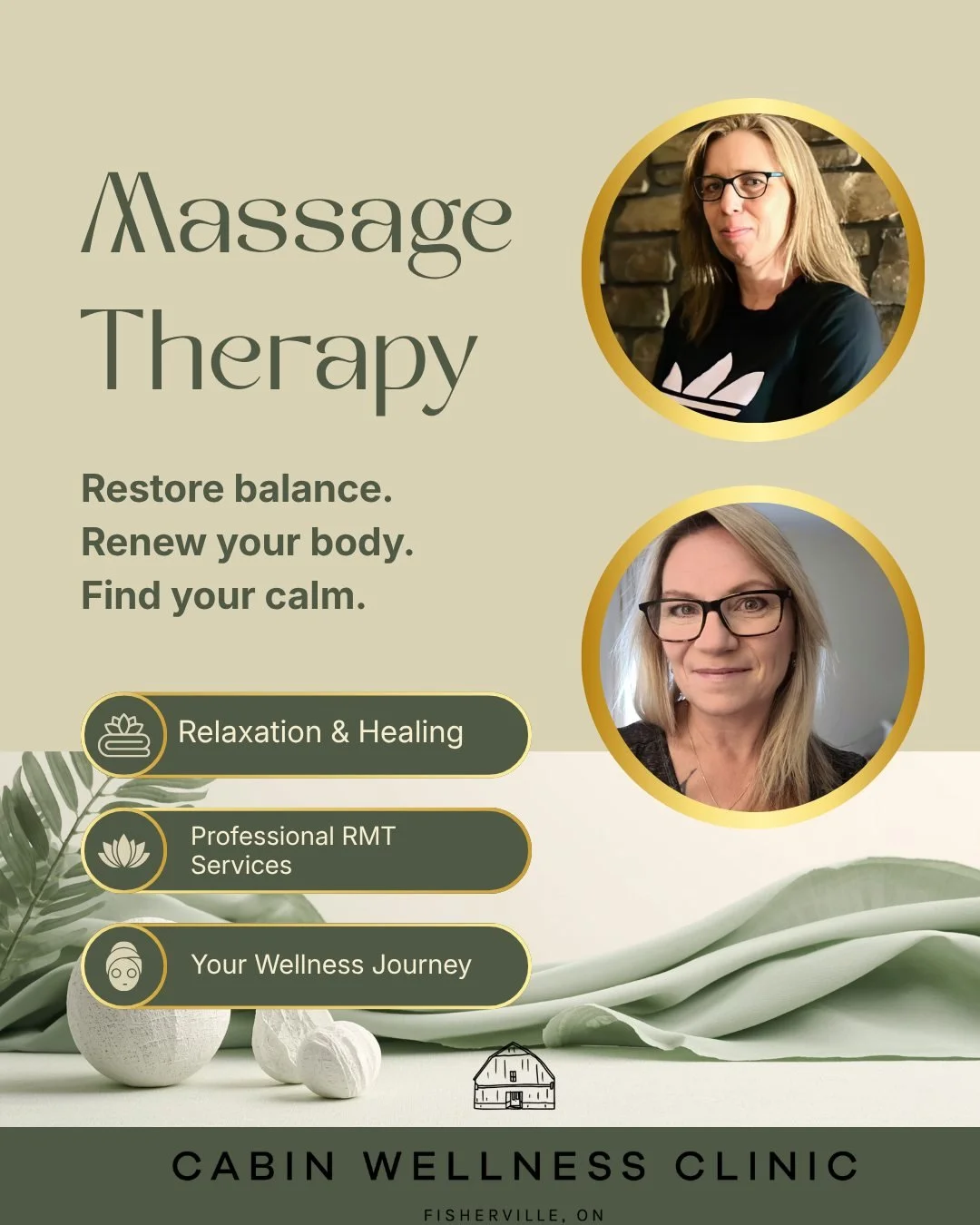 ✨ Restore balance. Renew your body. Find your calm. ✨

At Cabin Wellness Clinic, we believe wellness starts with taking time for yourself. Our professional massage therapy services are designed to help you relax, heal, and reconnect with your body. ?
