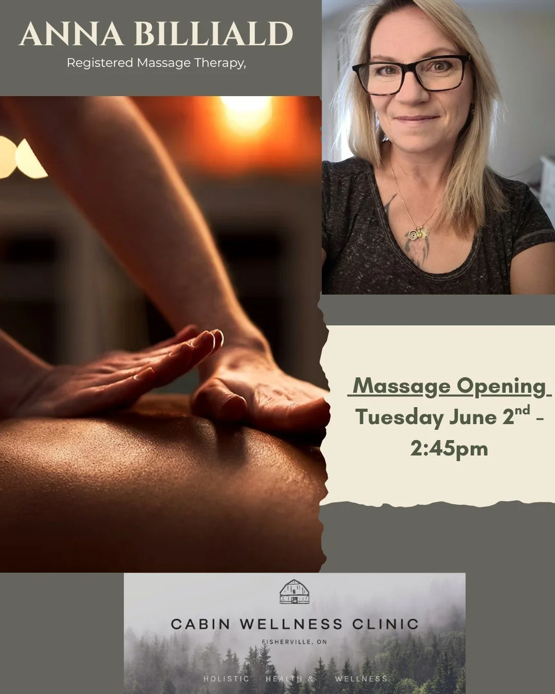 📣 Calling All Massage Lovers! 📣

An RMT massage appointment has just become available with Anna tomorrow, June 2nd, at 2:45 PM at The Cabin Wellness Clinic!

Treat yourself to some well-deserved relaxation and self-care. This last-minute opening wo
