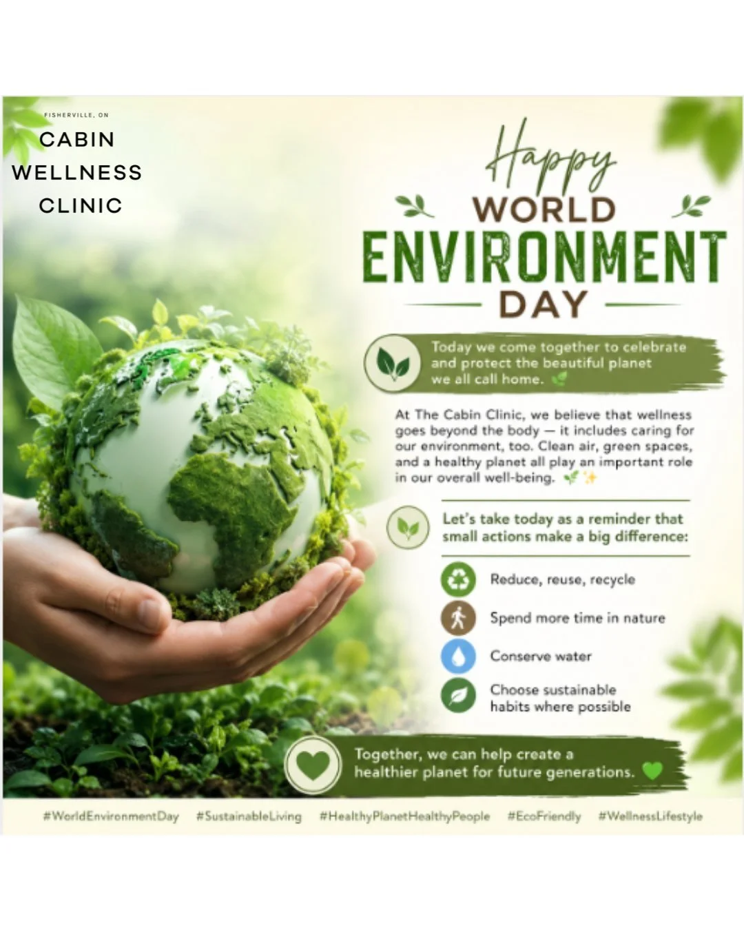 🌍💚 Happy World Environment Day 💚🌍

Today we come together to celebrate and protect the beautiful planet we all call home. 🌿

At The Cabin Clinic, we believe that wellness goes beyond the body &mdash; it includes caring for our environment, too. 
