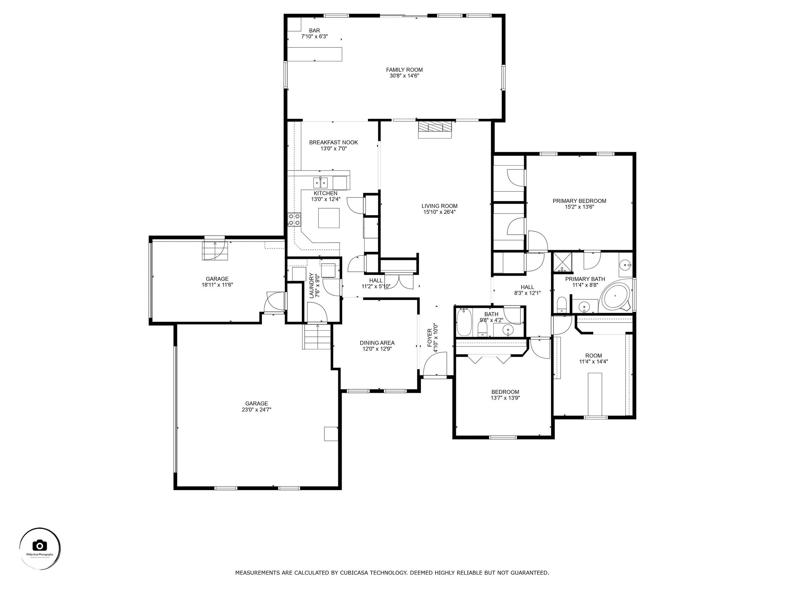 Floor plan of a house showing rooms labeled as garage, laundry, hall, kitchen, breakfast nook, family room, primary bedroom, primary bath, and other bedrooms and baths.
