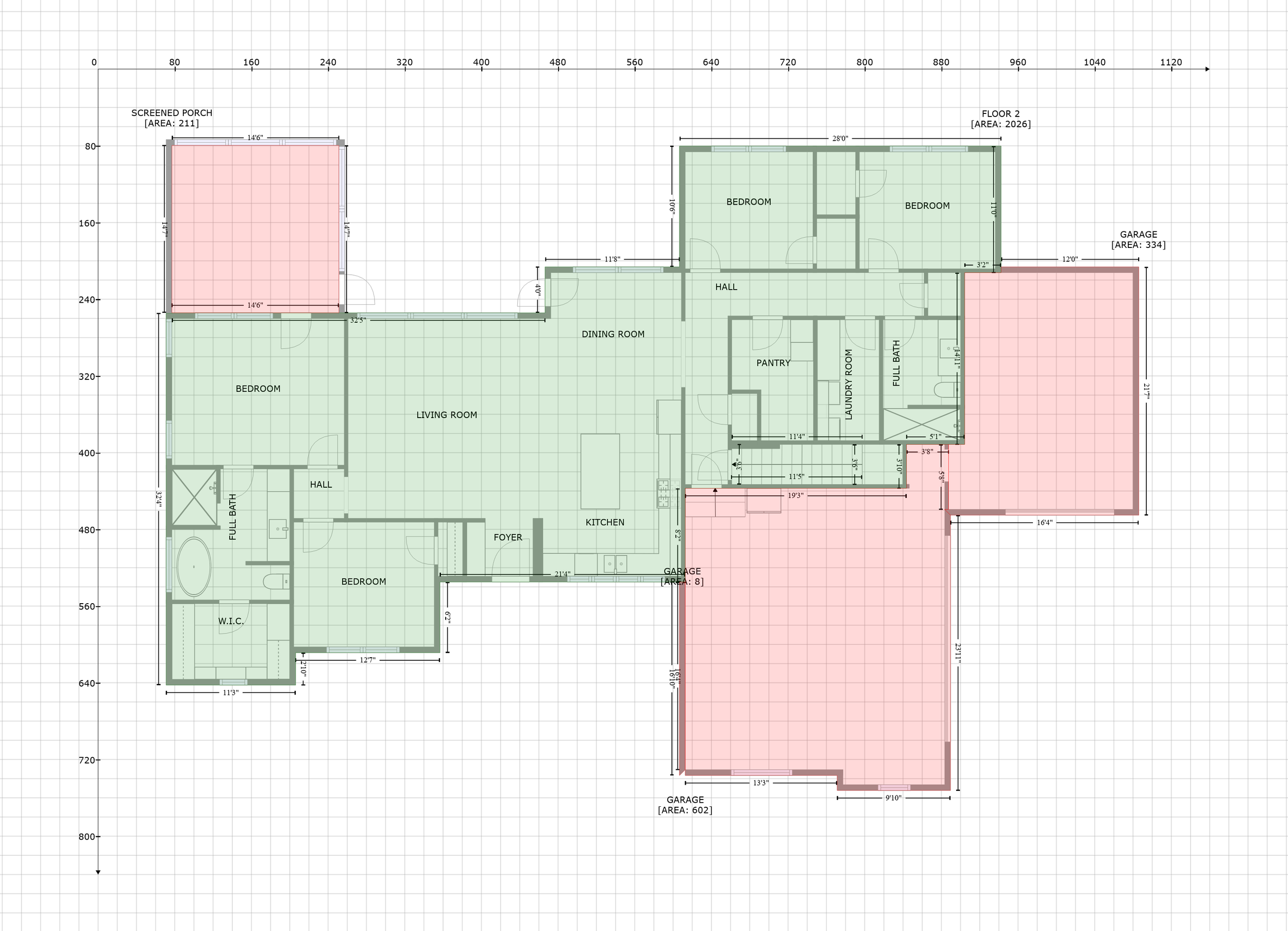 Architectural floor plan of a house with various rooms labeled, including bedrooms, living room, kitchen, garage, and bathrooms. The plan features color-coded areas, with some sections shaded in pink and green.