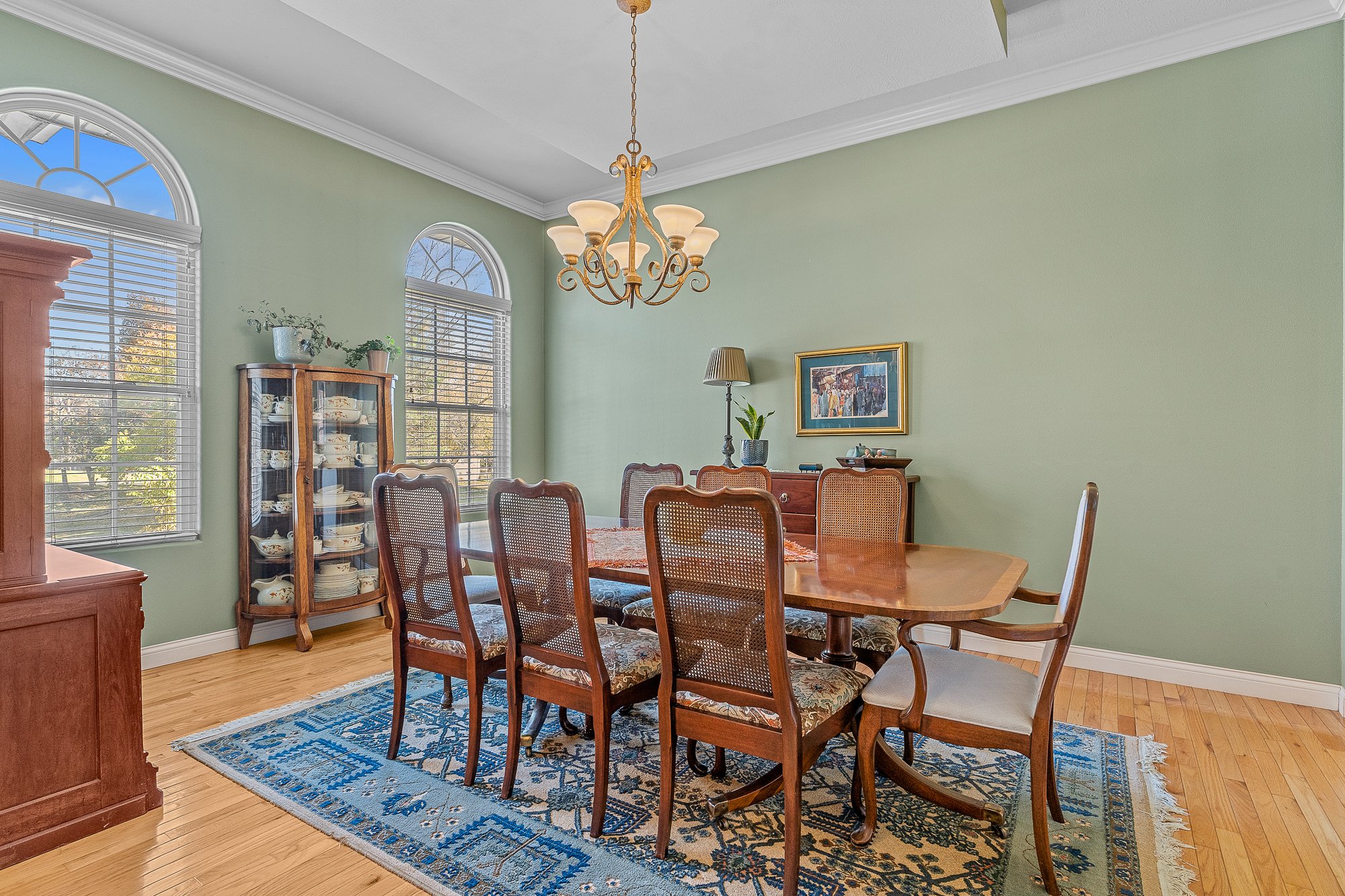 A dining room with a wooden dining table, eight wooden chairs with cane backs, a blue patterned area rug, two arched windows, a china cabinet, a small framed painting, a table lamp, and potted plants. The walls are painted light green and the ceiling