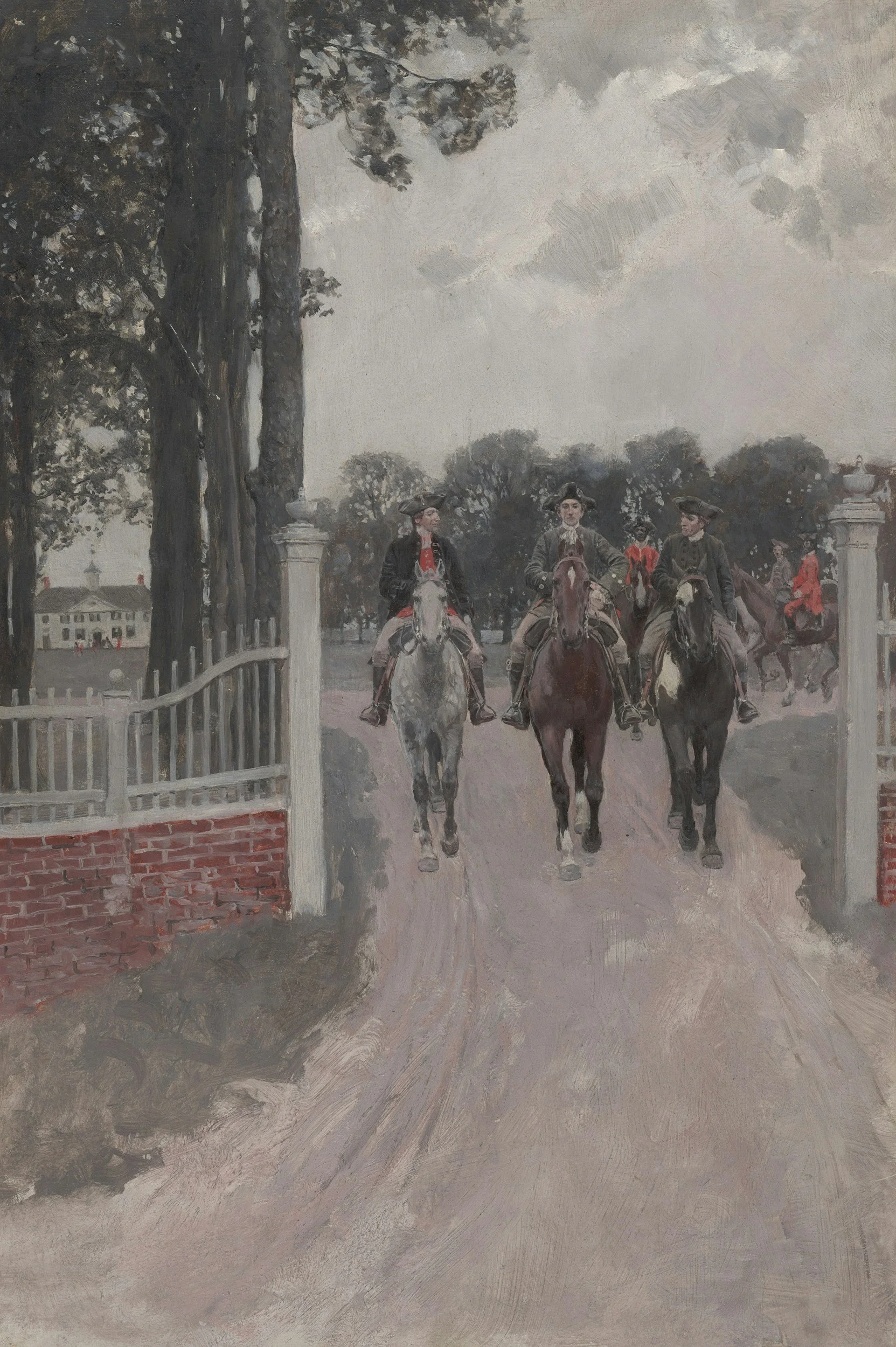 Three people on horseback riding along a path flanked by trees, with a brick and wooden fence and columns at the entrance. A large building is visible in the background.
