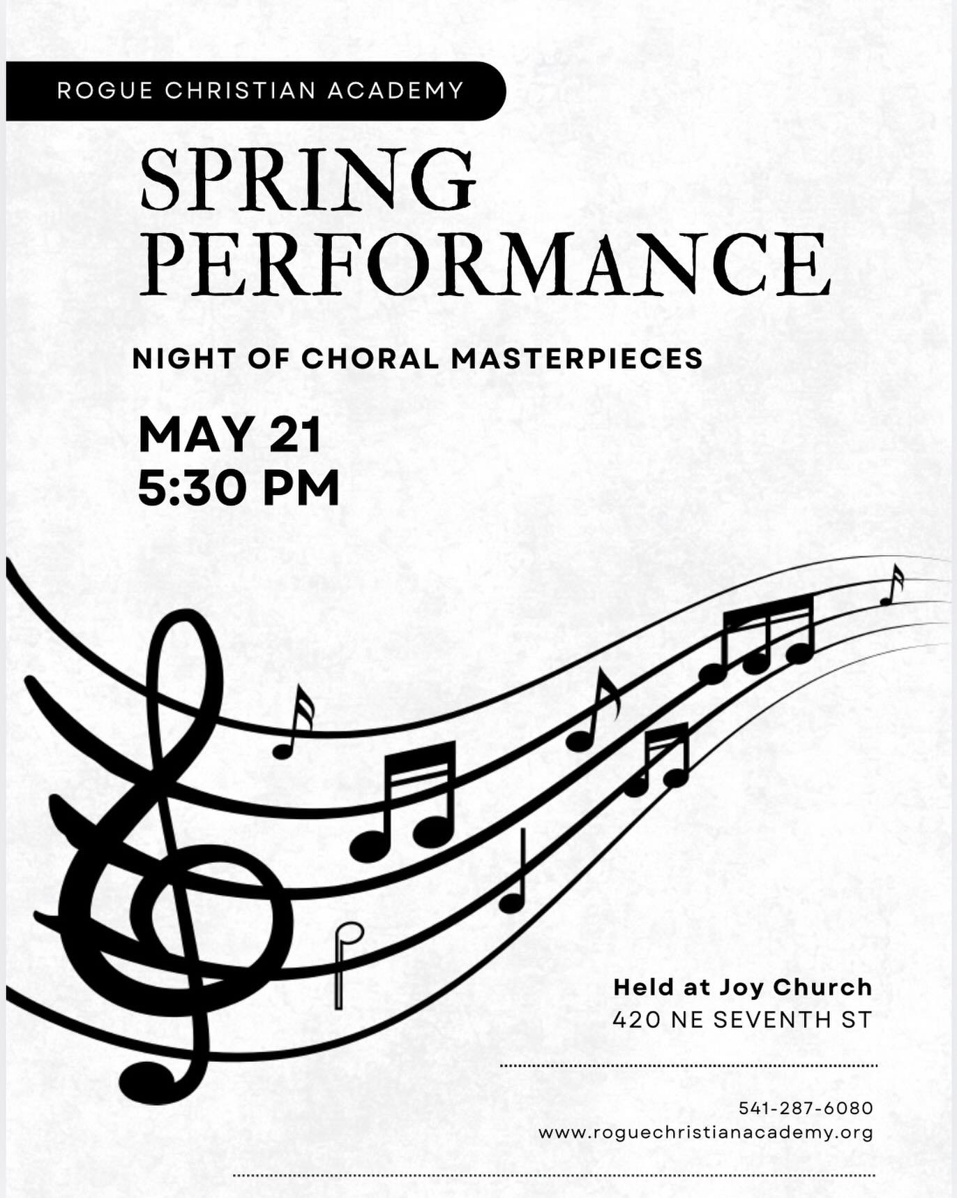 RCA Families,

We are thrilled to invite you to our Spring Performance: Night of Choral Masterpieces &mdash; the final music performance of the school year!

On Thursday, May 21 at 5:30 PM, our K&ndash;10 music students and choir members will come to