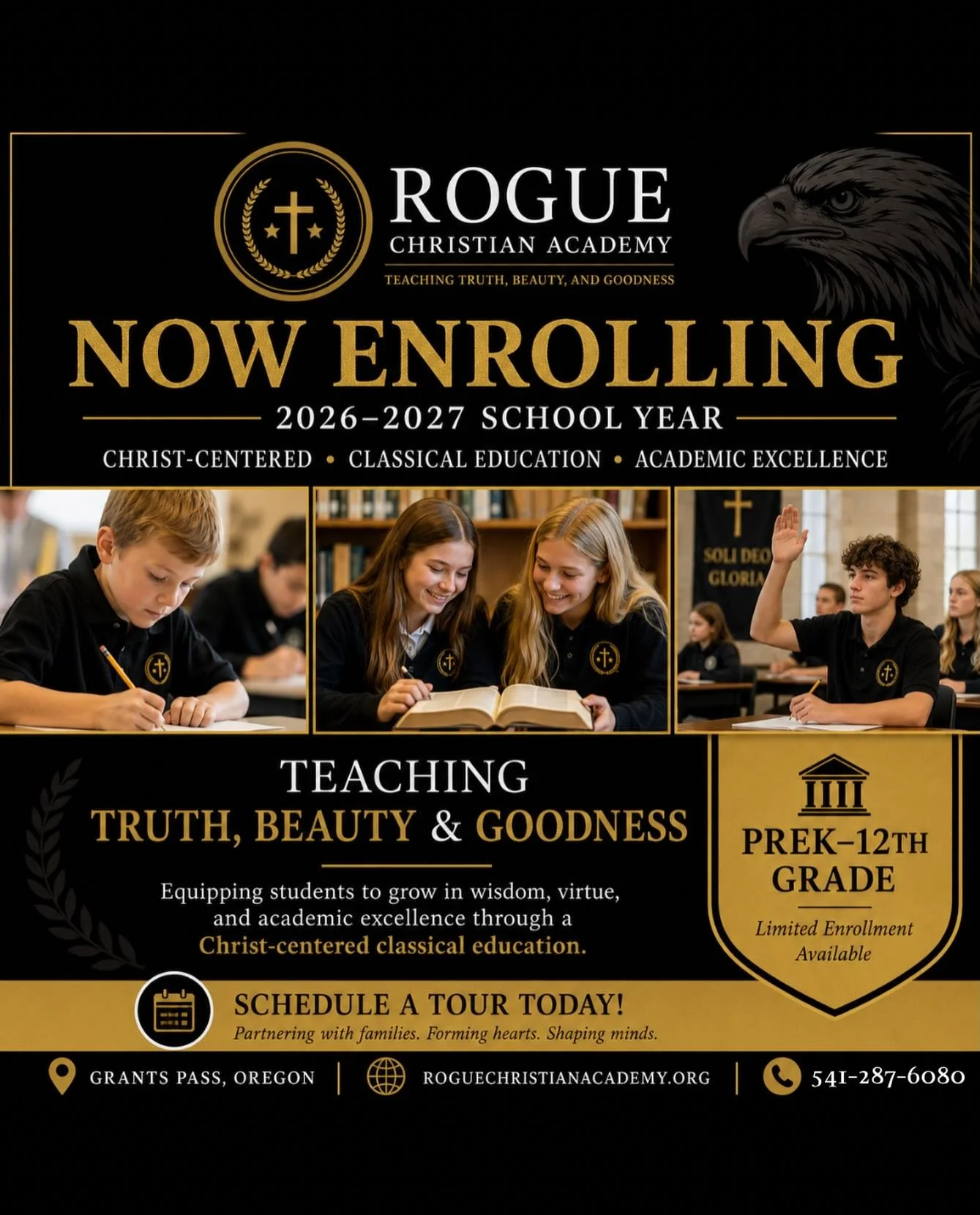 📚 ENROLLMENT IS OPEN at Rogue Christian Academy!

Looking for an education that nurtures both the heart and mind?

At Rogue Christian Academy, students are equipped through a Christ-centered classical education that emphasizes academic excellence, b
