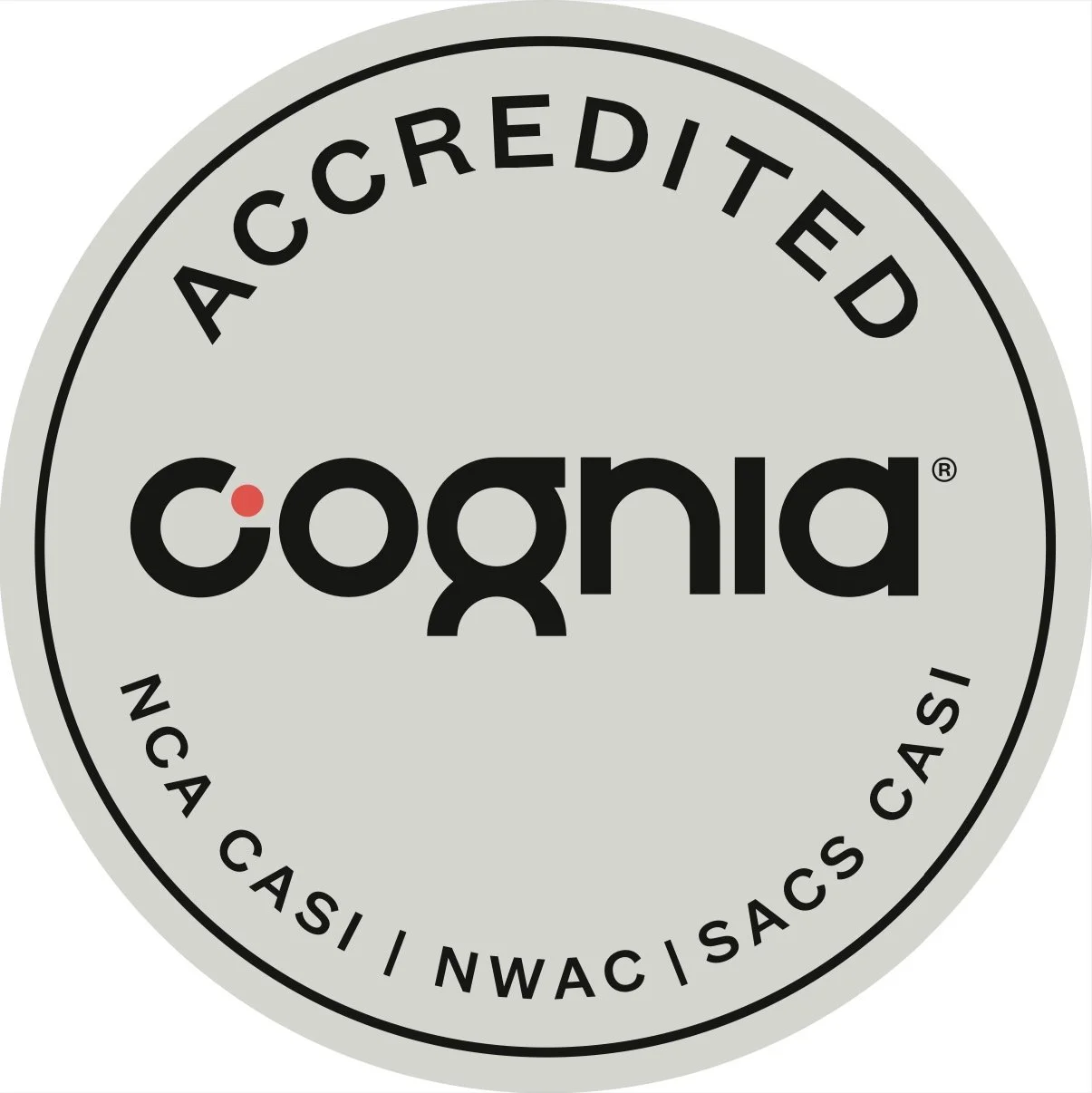 Cognia accreditation seal with text 'Accredited' and three organizations: 'NCA CASI', 'NWAC', and 'SACS CASI' on a circular design.